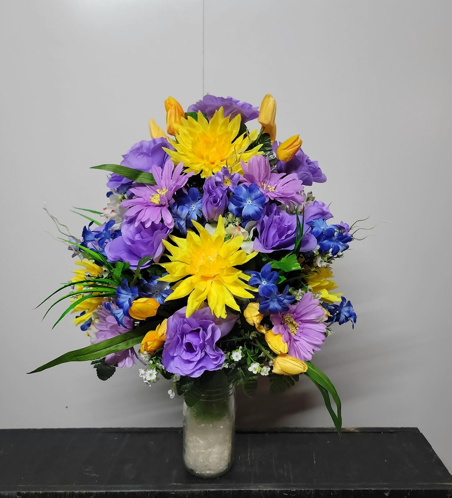 Sunset Cemetery Flowers Cone for 3-inch Grave Vase Full and Large Arrangement yellow blue lavender Cemetery Vase Flowers