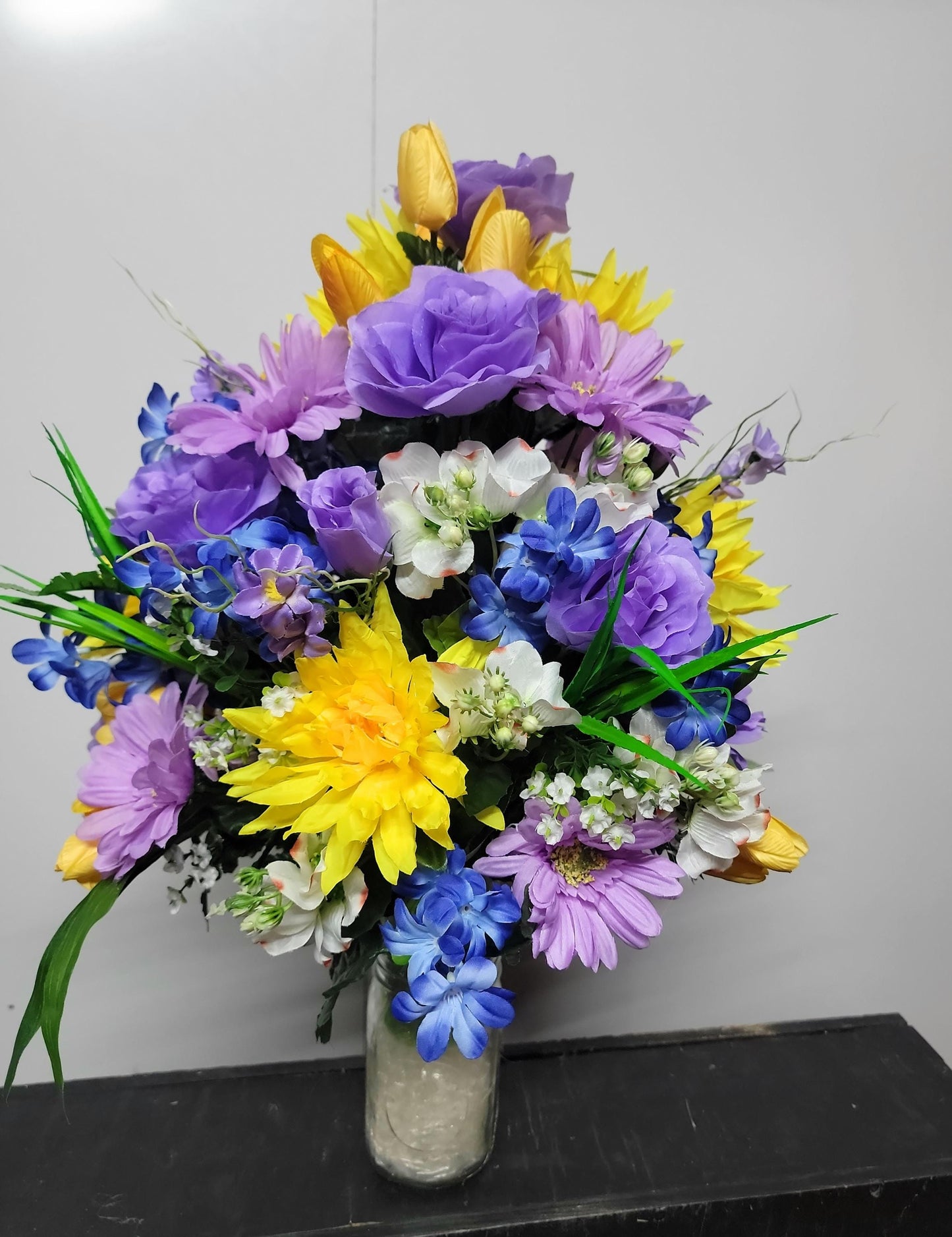 Sunset Cemetery Flowers Cone for 3-inch Grave Vase Full and Large Arrangement yellow blue lavender Cemetery Vase Flowers