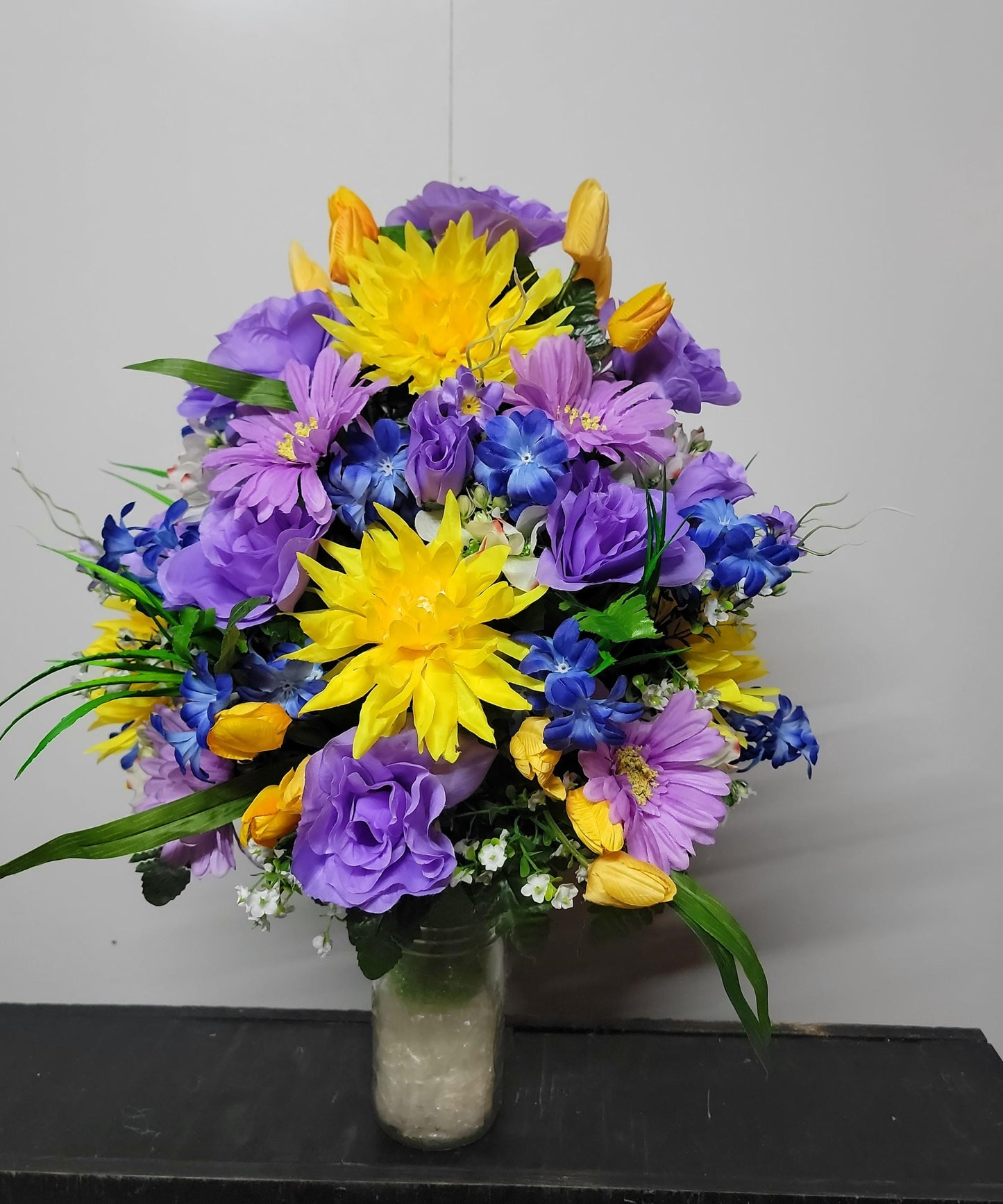 Sunset Cemetery Flowers Cone for 3-inch Grave Vase Full and Large Arrangement yellow blue lavender Cemetery Vase Flowers