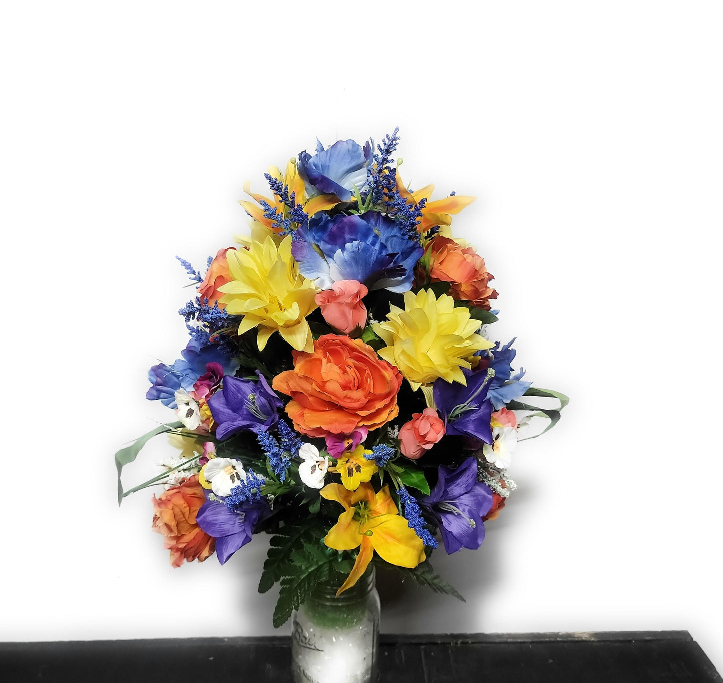 Tropical  Cemetery Flowers Cone for 3-inch Grave Vase Full and Large Arrangement yellow blue orange Cemetery Vase Flowers