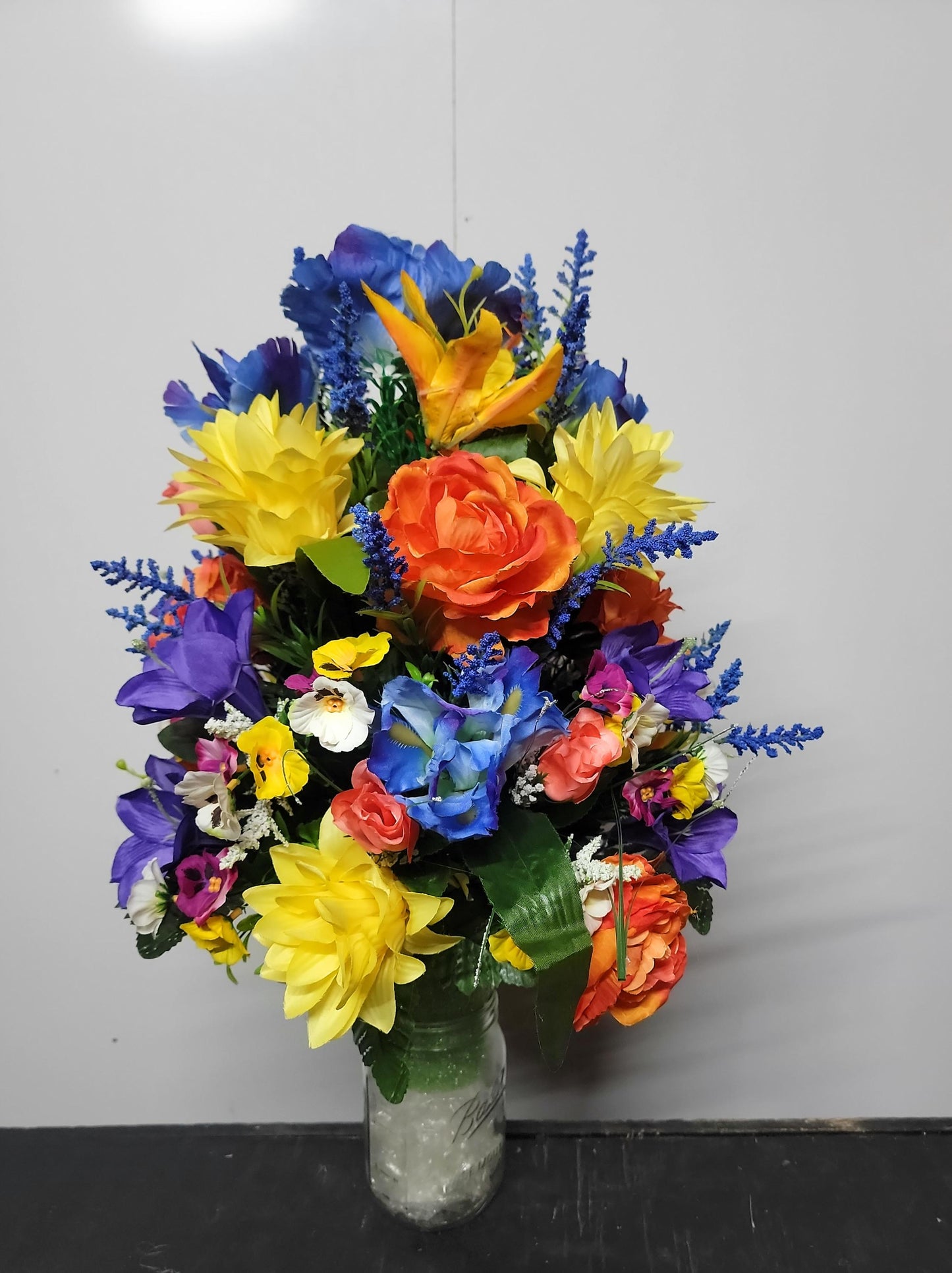 Tropical  Cemetery Flowers Cone for 3-inch Grave Vase Full and Large Arrangement yellow blue orange Cemetery Vase Flowers