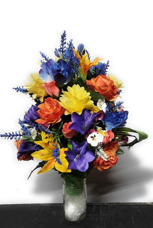 Tropical  Cemetery Flowers Cone for 3-inch Grave Vase Full and Large Arrangement yellow blue orange Cemetery Vase Flowers