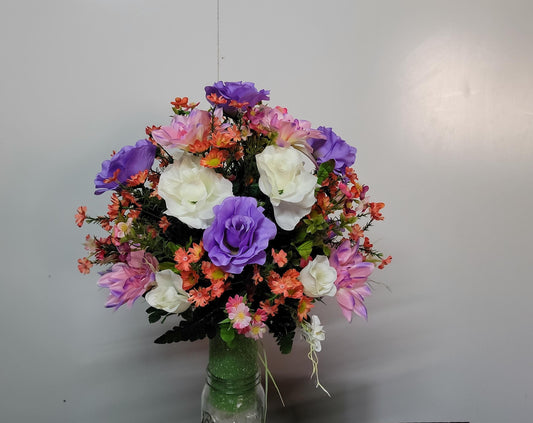 Cemetery Flowers Vase LavenderRoses Coral Wildflowers Spring Memorial Vase Grave Vase Cone Flowers Mother or Daughter cemetery