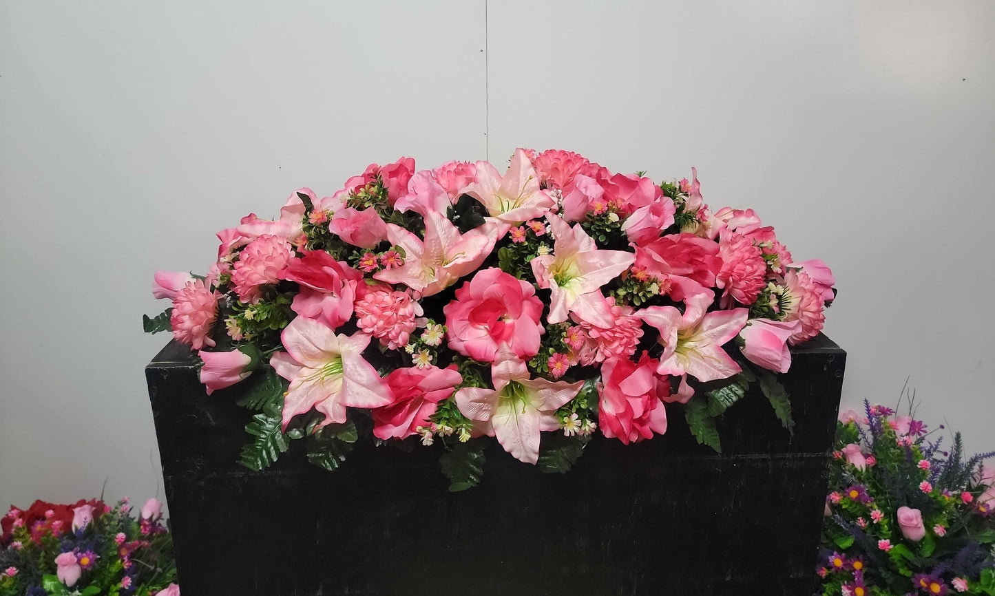 Large Headstone Saddle Spring, Pink Cemetery Flowers, Grave Saddle, Double Headstone Flowers