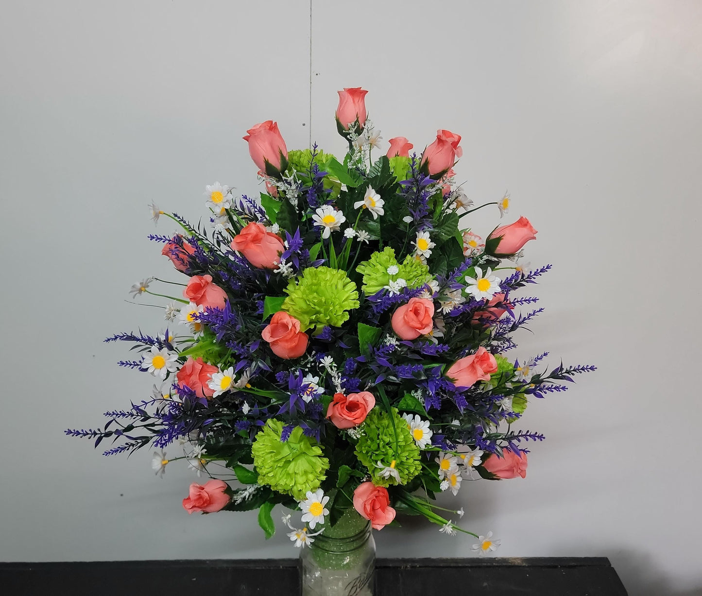 XL Coral Rose Cemetery Vase Flowers Grave Vase Flowers Cemetery flowers spring Easter flowers Green, Coral, Purple Spring Flowers