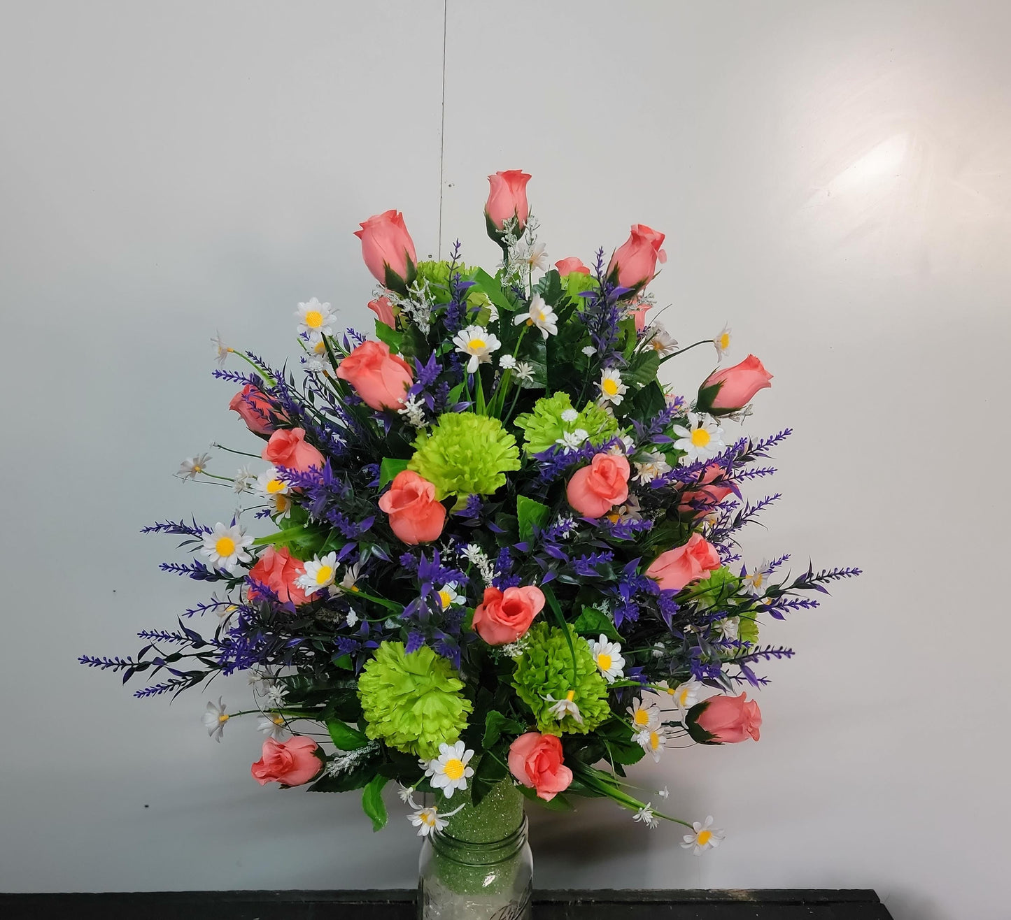 XL Coral Rose Cemetery Vase Flowers Grave Vase Flowers Cemetery flowers spring Easter flowers Green, Coral, Purple Spring Flowers