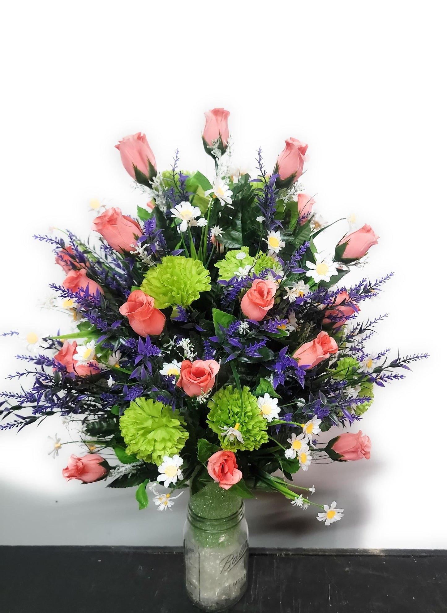 XL Coral Rose Cemetery Vase Flowers Grave Vase Flowers Cemetery flowers spring Easter flowers Green, Coral, Purple Spring Flowers