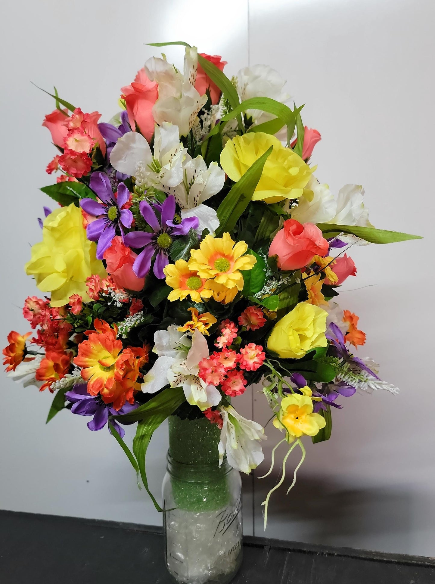 Spring Cemetery Flowers Cone for 3-inch Grave Vase, Yellow Roses with Pastel wildflowers Cemetery Vase Flower,  Easter Cemetery Vase Flowers