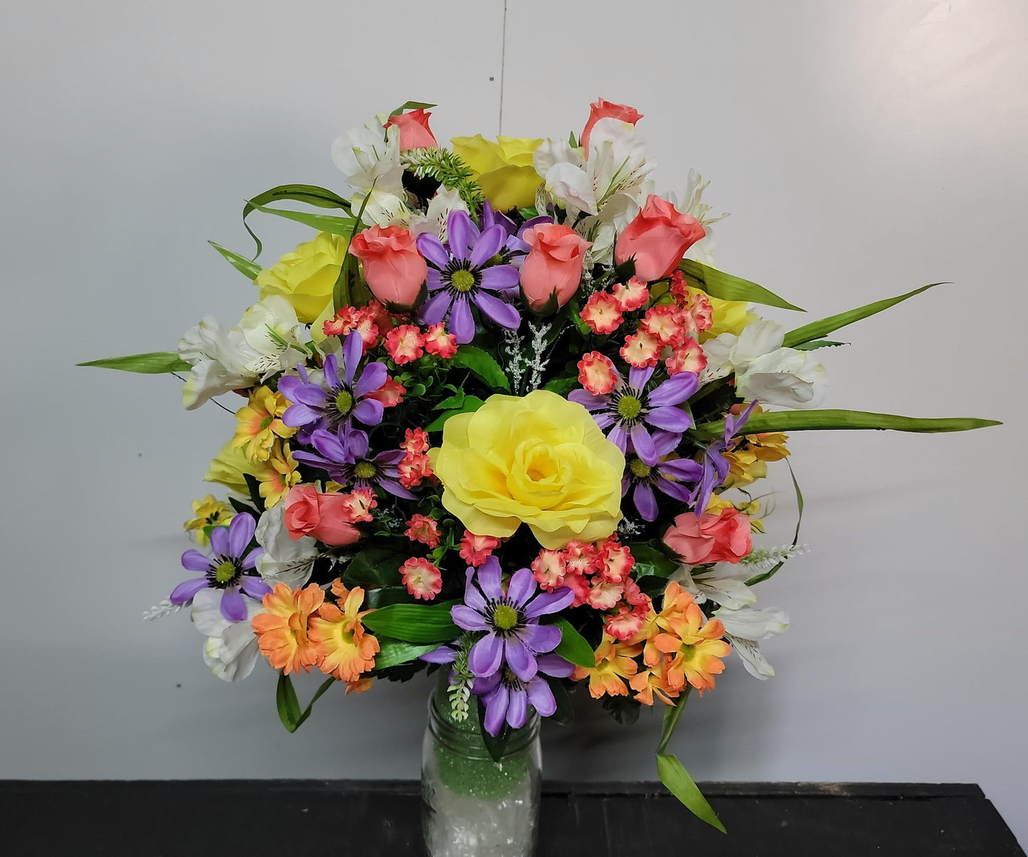 Spring Cemetery Flowers Cone for 3-inch Grave Vase, Yellow Roses with Pastel wildflowers Cemetery Vase Flower,  Easter Cemetery Vase Flowers