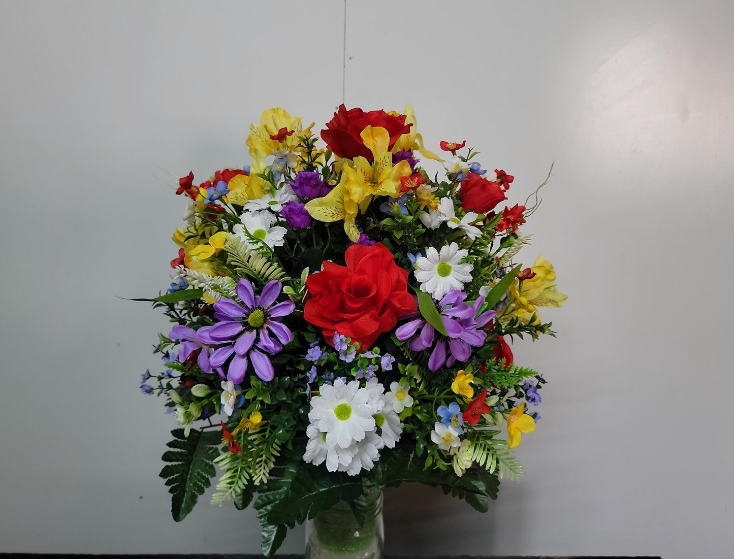 Spring Cemetery Flowers Cone for 3-inch Grave Vase, Red Roses with Spring  wildflowers Cemetery Vase Flower,  Easter Cemetery Vase Flowers