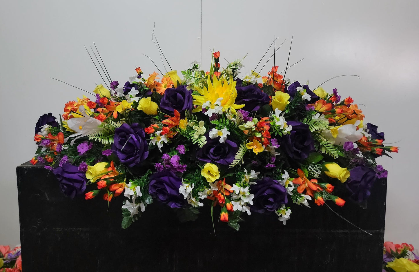 Premium 37" Spring Cemetery Saddle  Gravestone Flowers Purple  Roses Headstone Cemetery Saddle Large Headstone Saddle Flowers