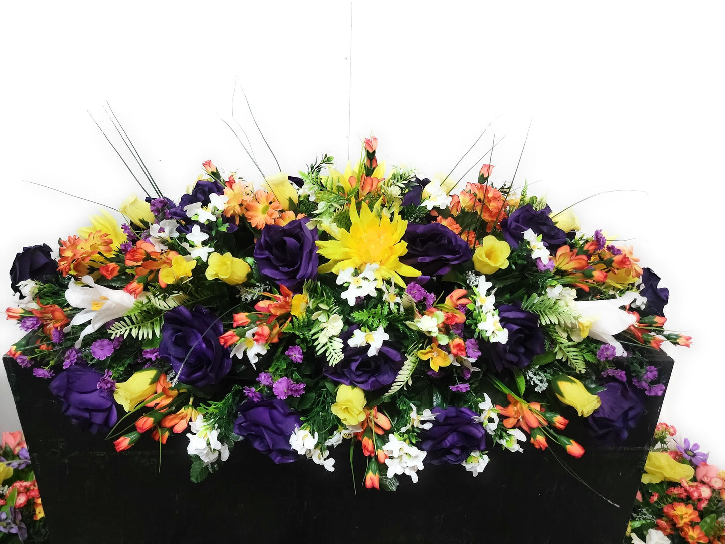 Premium 37" Spring Cemetery Saddle  Gravestone Flowers Purple  Roses Headstone Cemetery Saddle Large Headstone Saddle Flowers