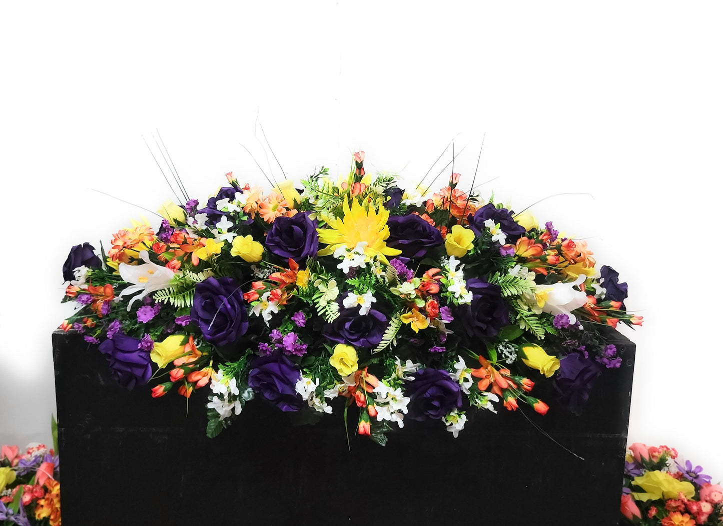 Premium 37" Spring Cemetery Saddle  Gravestone Flowers Purple  Roses Headstone Cemetery Saddle Large Headstone Saddle Flowers