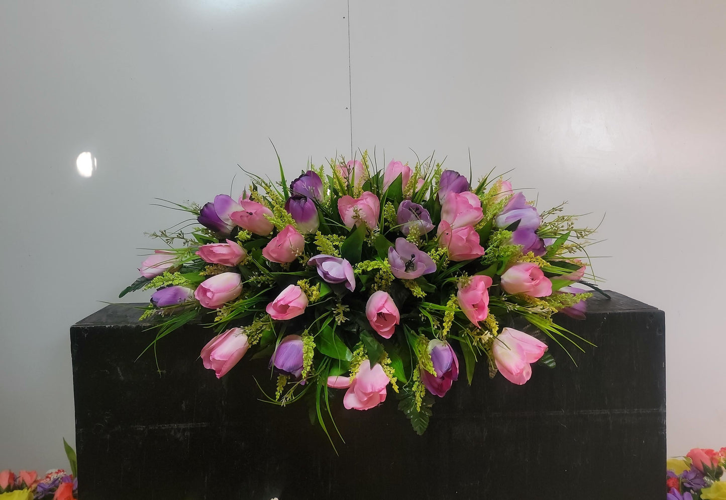 Spring Tulip Headstone Saddle,  Easter Cemetery Flowers,  28" Cemetery Saddle , Memorial Flowers