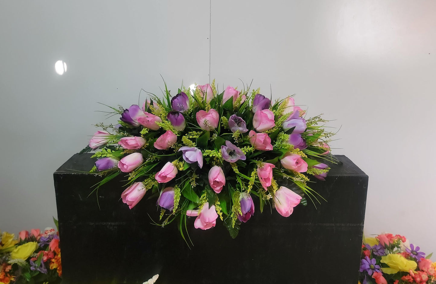 Spring Tulip Headstone Saddle,  Easter Cemetery Flowers,  28" Cemetery Saddle , Memorial Flowers