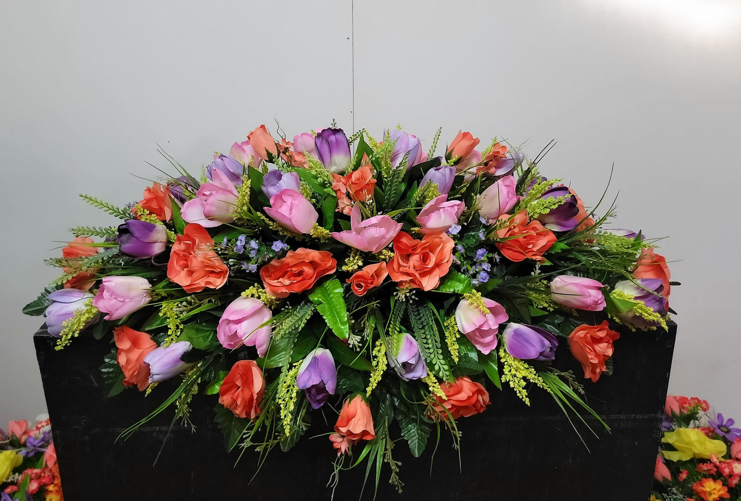 Premium 37" Spring Cemetery Saddle  Gravestone Flowers Coral Roses and Tulips Large Headstone Saddle Flowers