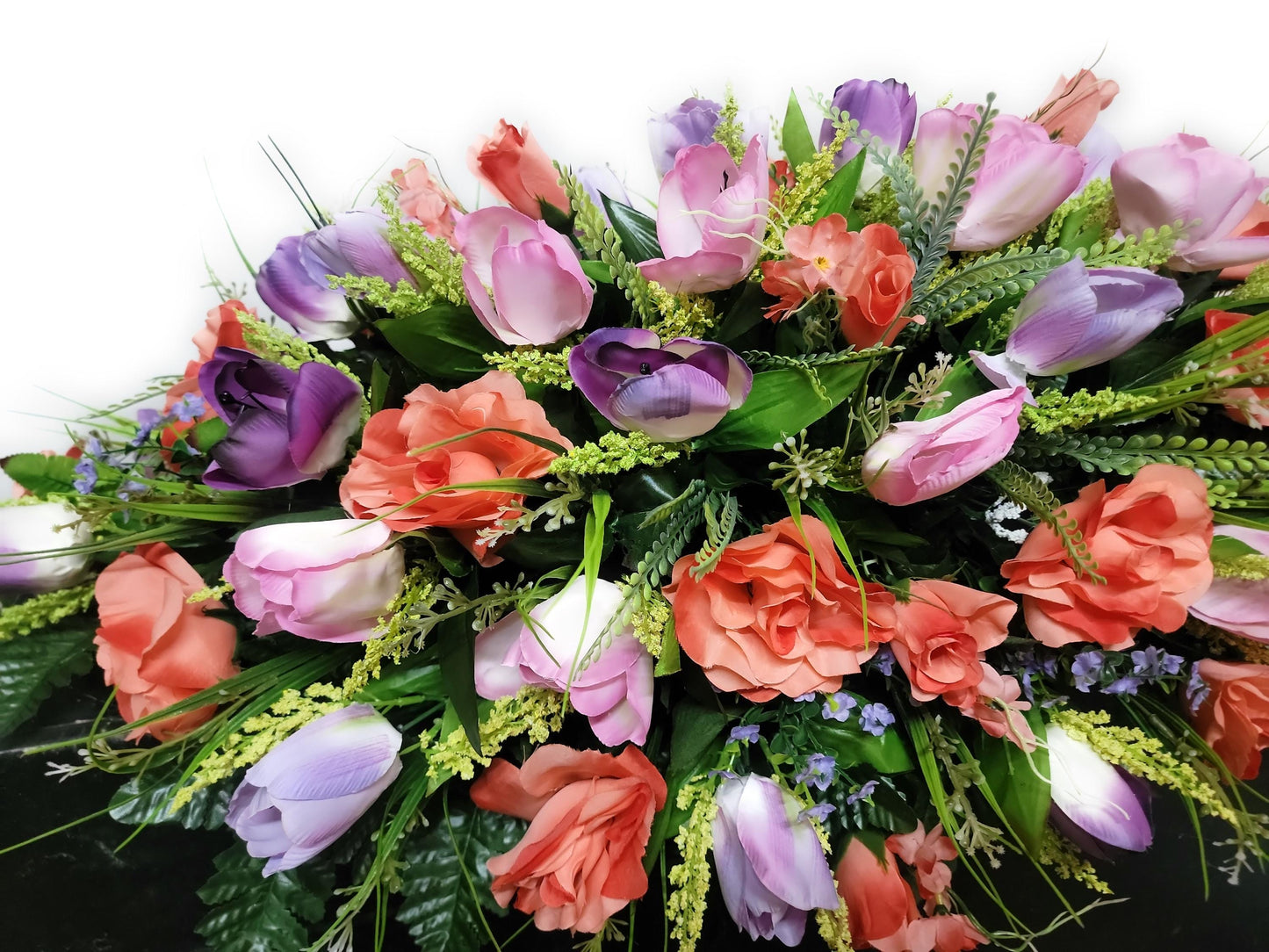 Premium 37" Spring Cemetery Saddle  Gravestone Flowers Coral Roses and Tulips Large Headstone Saddle Flowers