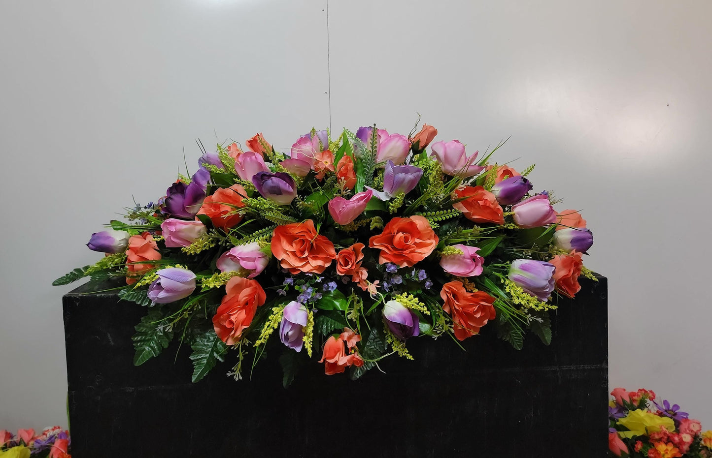 Premium 37" Spring Cemetery Saddle  Gravestone Flowers Coral Roses and Tulips Large Headstone Saddle Flowers