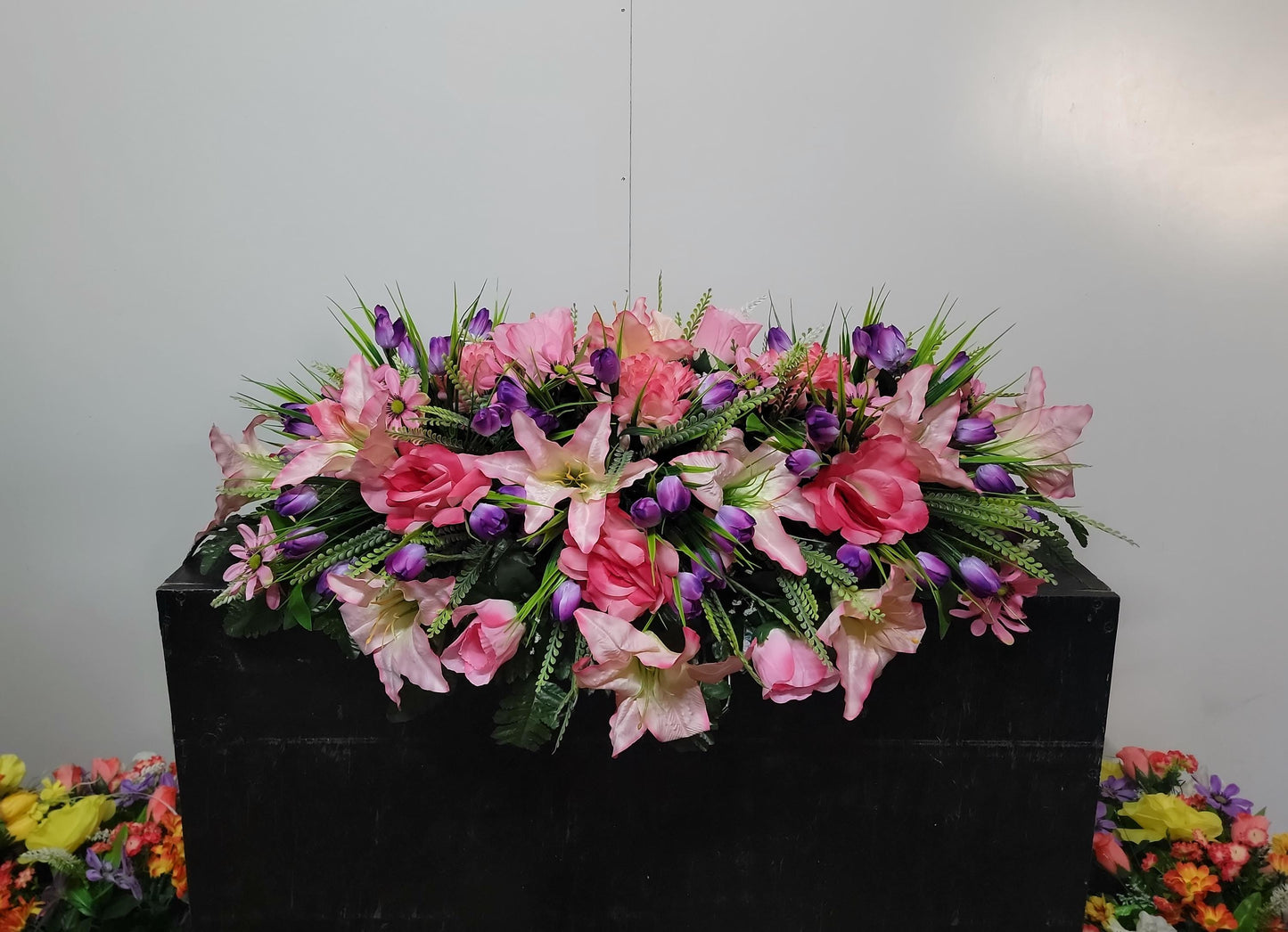 Spring Cemetery Saddle  Pink Roses and Purple Tulips Gravestone Flowers  Large Headstone Saddle Flowers