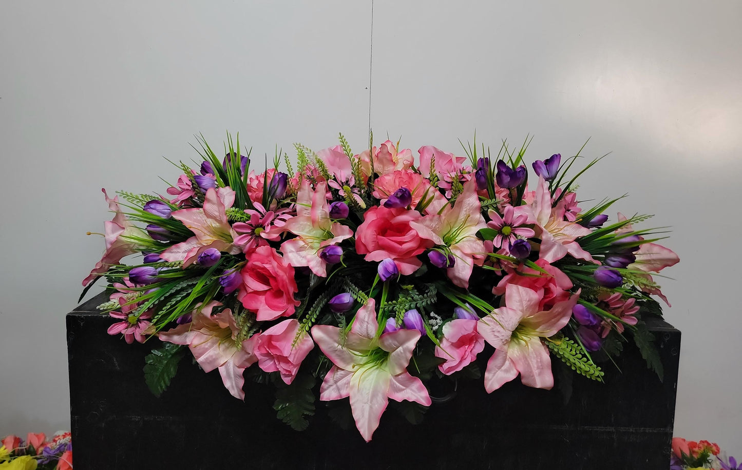 Spring Cemetery Saddle  Pink Roses and Purple Tulips Gravestone Flowers  Large Headstone Saddle Flowers