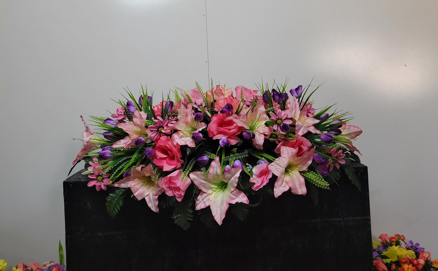 Spring Cemetery Saddle  Pink Roses and Purple Tulips Gravestone Flowers  Large Headstone Saddle Flowers