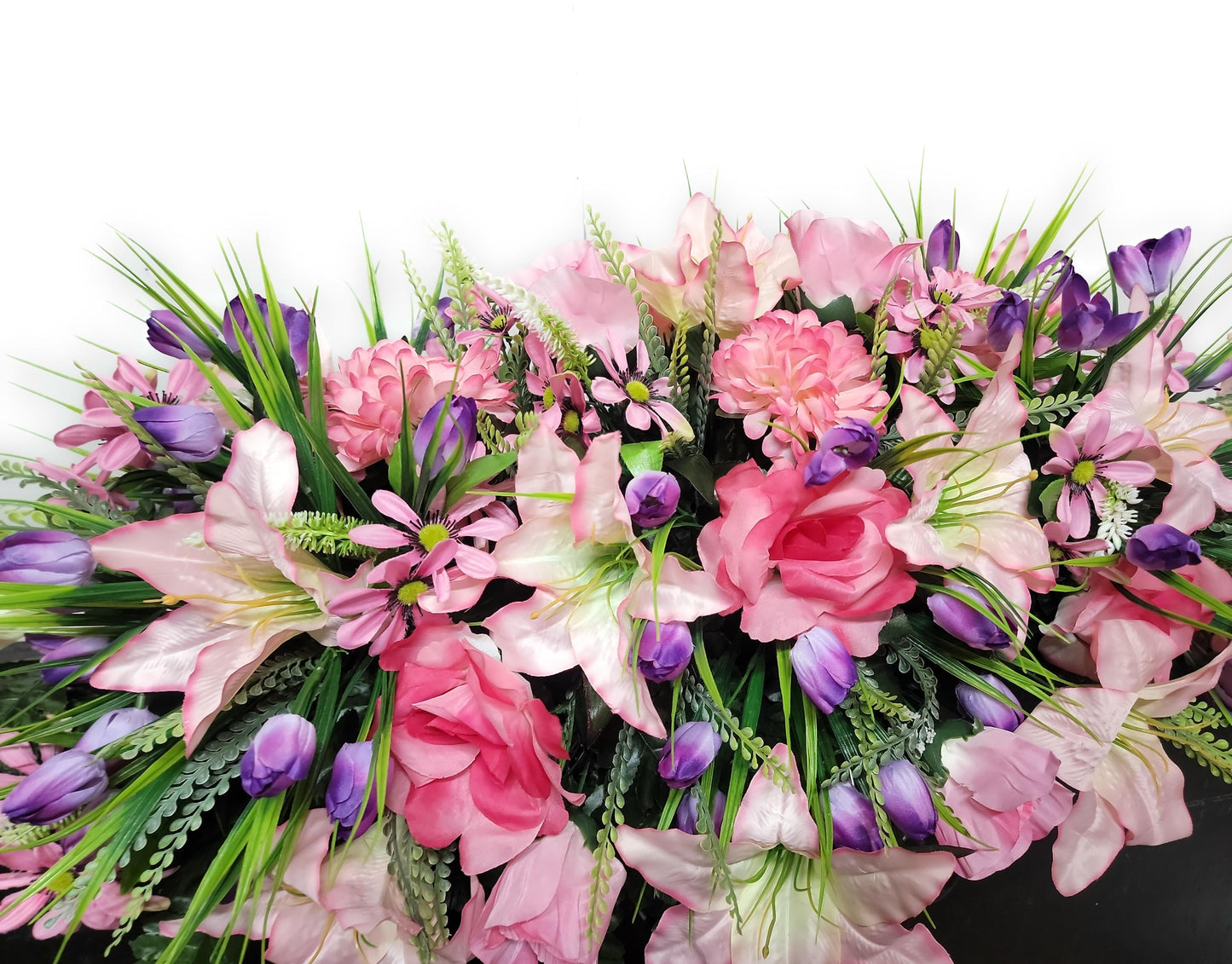 Spring Cemetery Saddle  Pink Roses and Purple Tulips Gravestone Flowers  Large Headstone Saddle Flowers