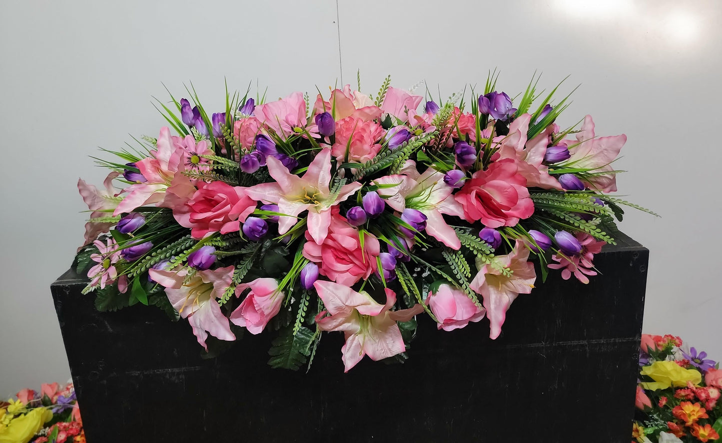 Spring Cemetery Saddle  Pink Roses and Purple Tulips Gravestone Flowers  Large Headstone Saddle Flowers
