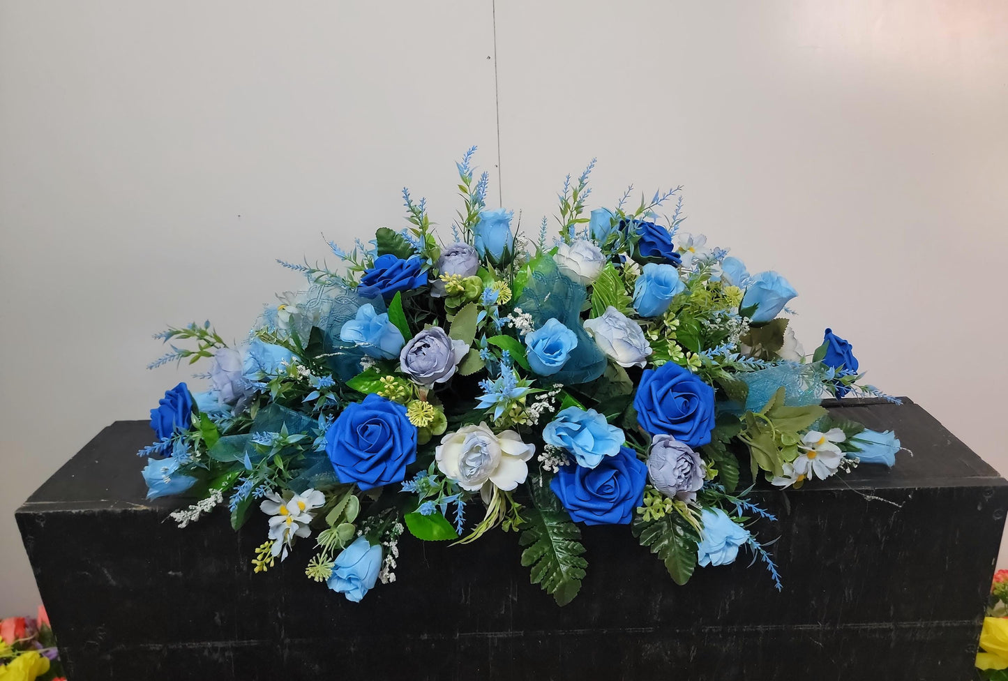 Blue rose Cemetery Saddle,  sons Headstone Flowers Grave Saddle Father  Memorial Flowers for Grave