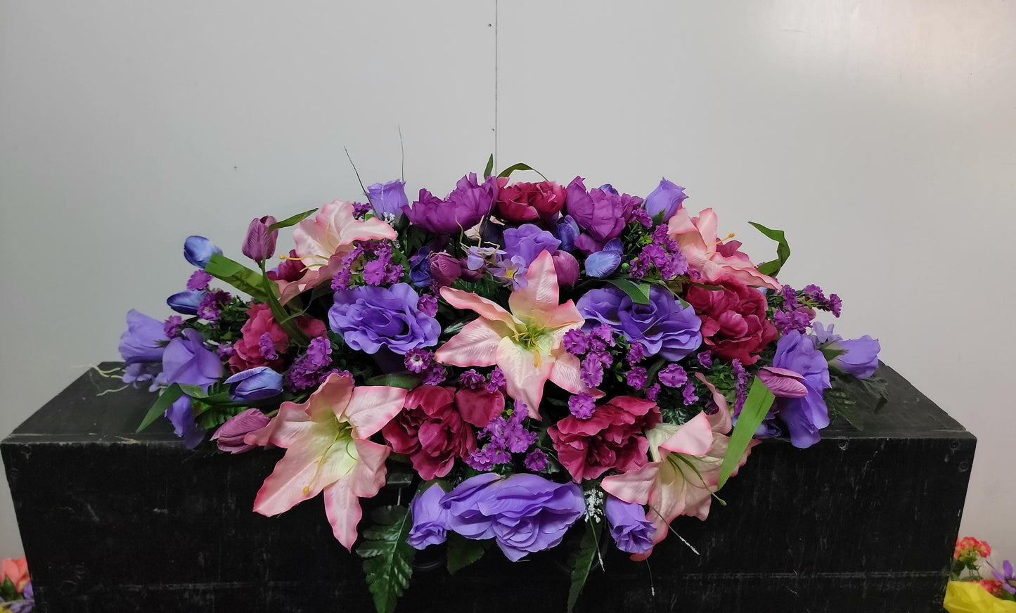 Spring Flowers for Cemetery  , Grave Saddle, pink lilies lavender roses tulips  Cemetery Saddle, Mother Grave Flowers
