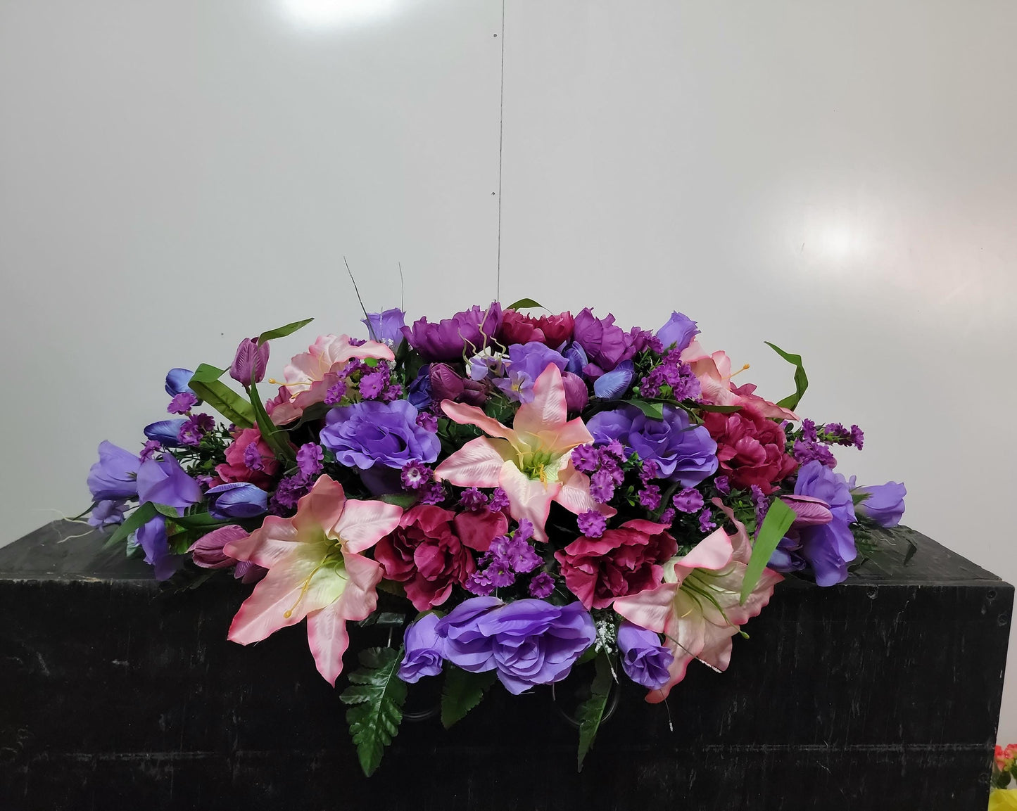 Spring Flowers for Cemetery  , Grave Saddle, pink lilies lavender roses tulips  Cemetery Saddle, Mother Grave Flowers