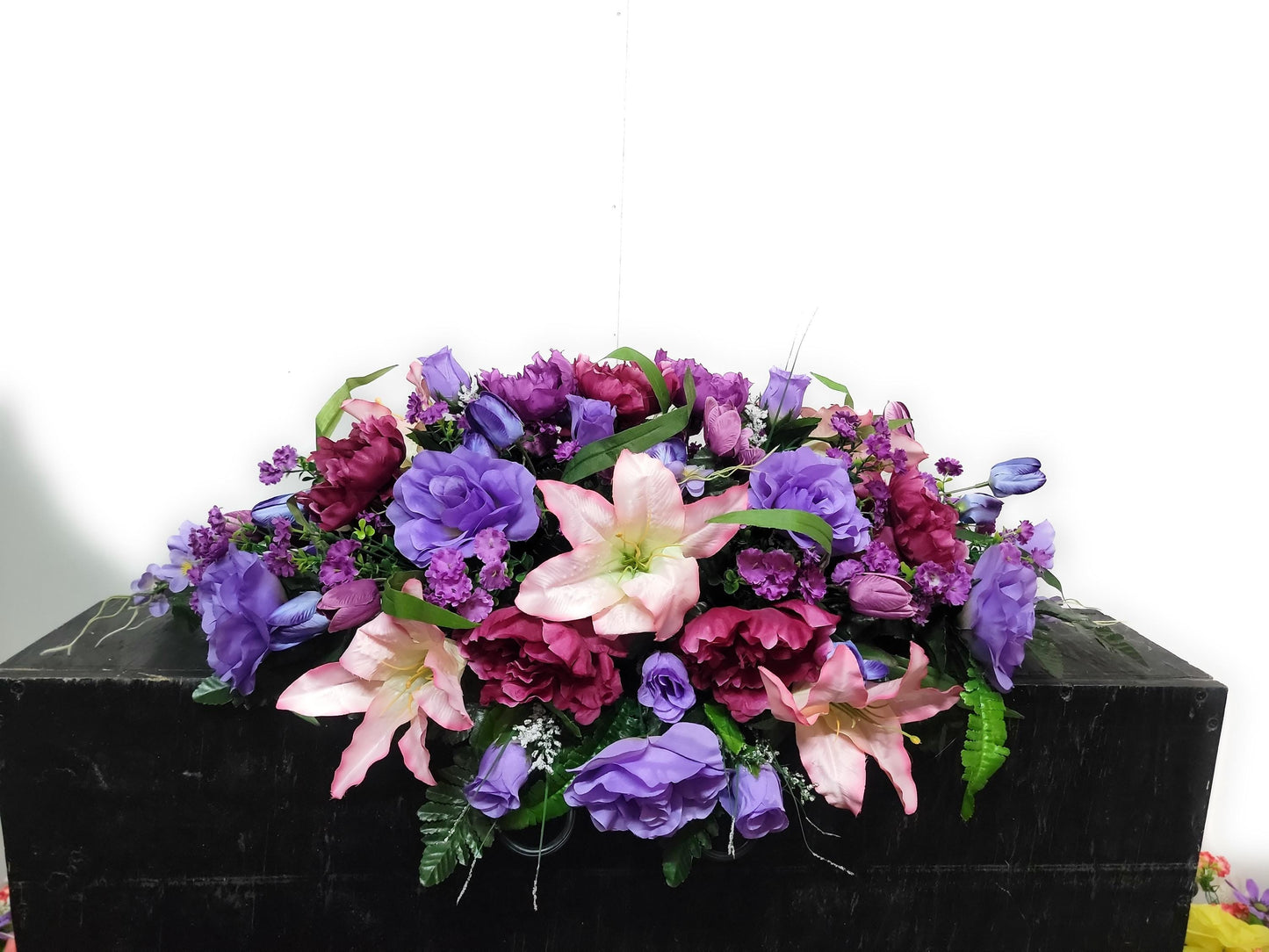 Spring Flowers for Cemetery  , Grave Saddle, pink lilies lavender roses tulips  Cemetery Saddle, Mother Grave Flowers