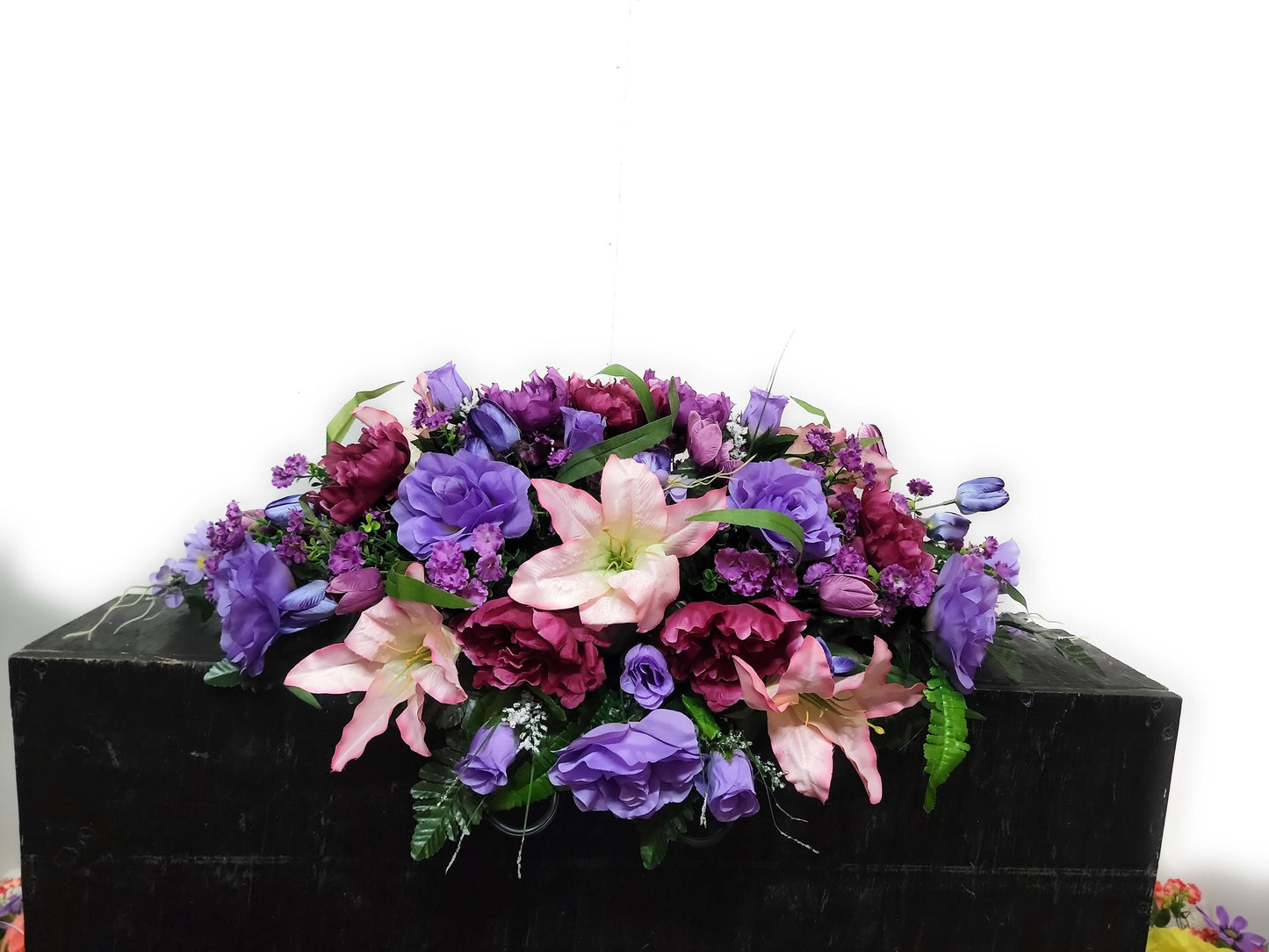 Spring Flowers for Cemetery  , Grave Saddle, pink lilies lavender roses tulips  Cemetery Saddle, Mother Grave Flowers