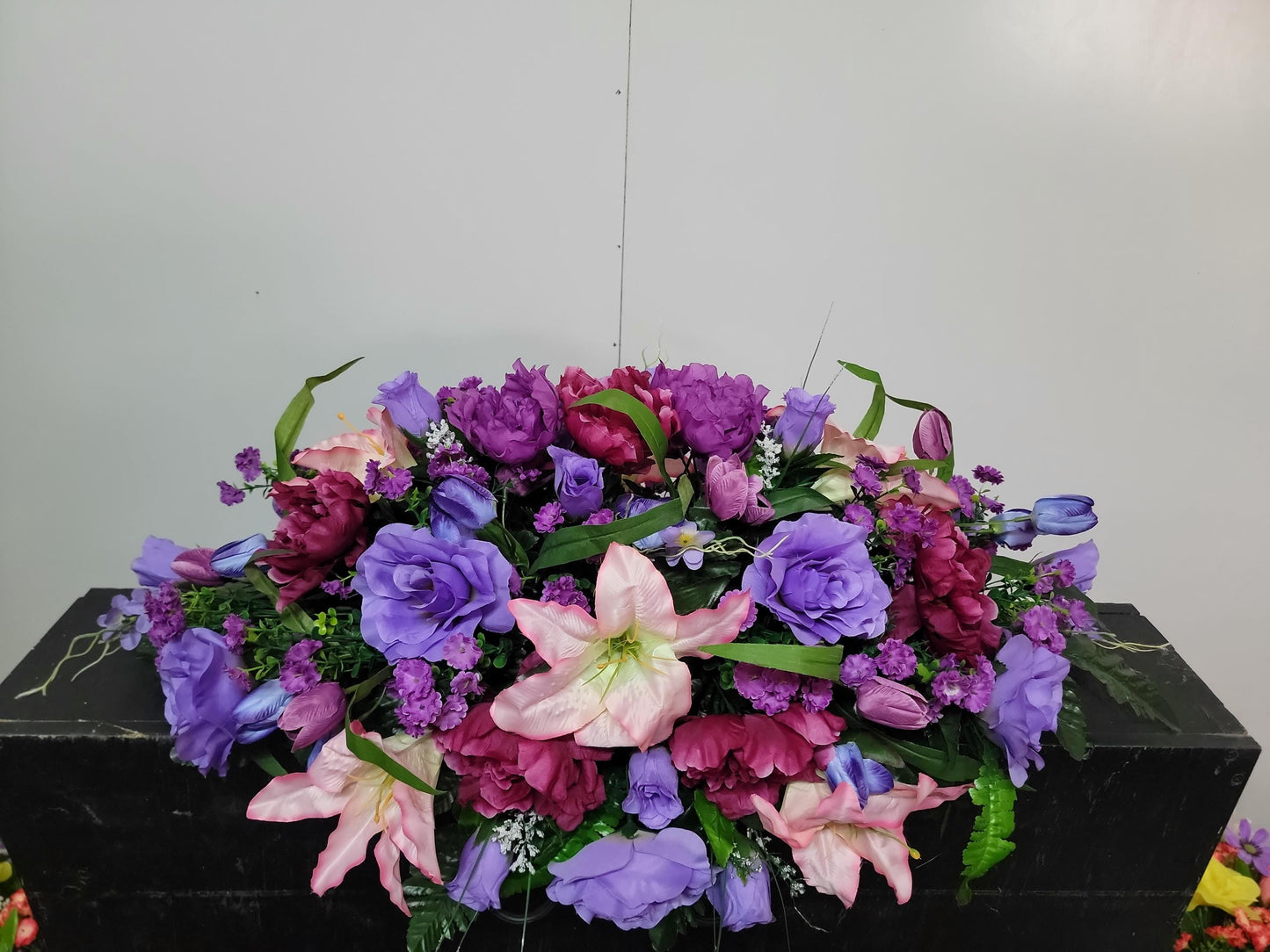 Spring Flowers for Cemetery  , Grave Saddle, pink lilies lavender roses tulips  Cemetery Saddle, Mother Grave Flowers