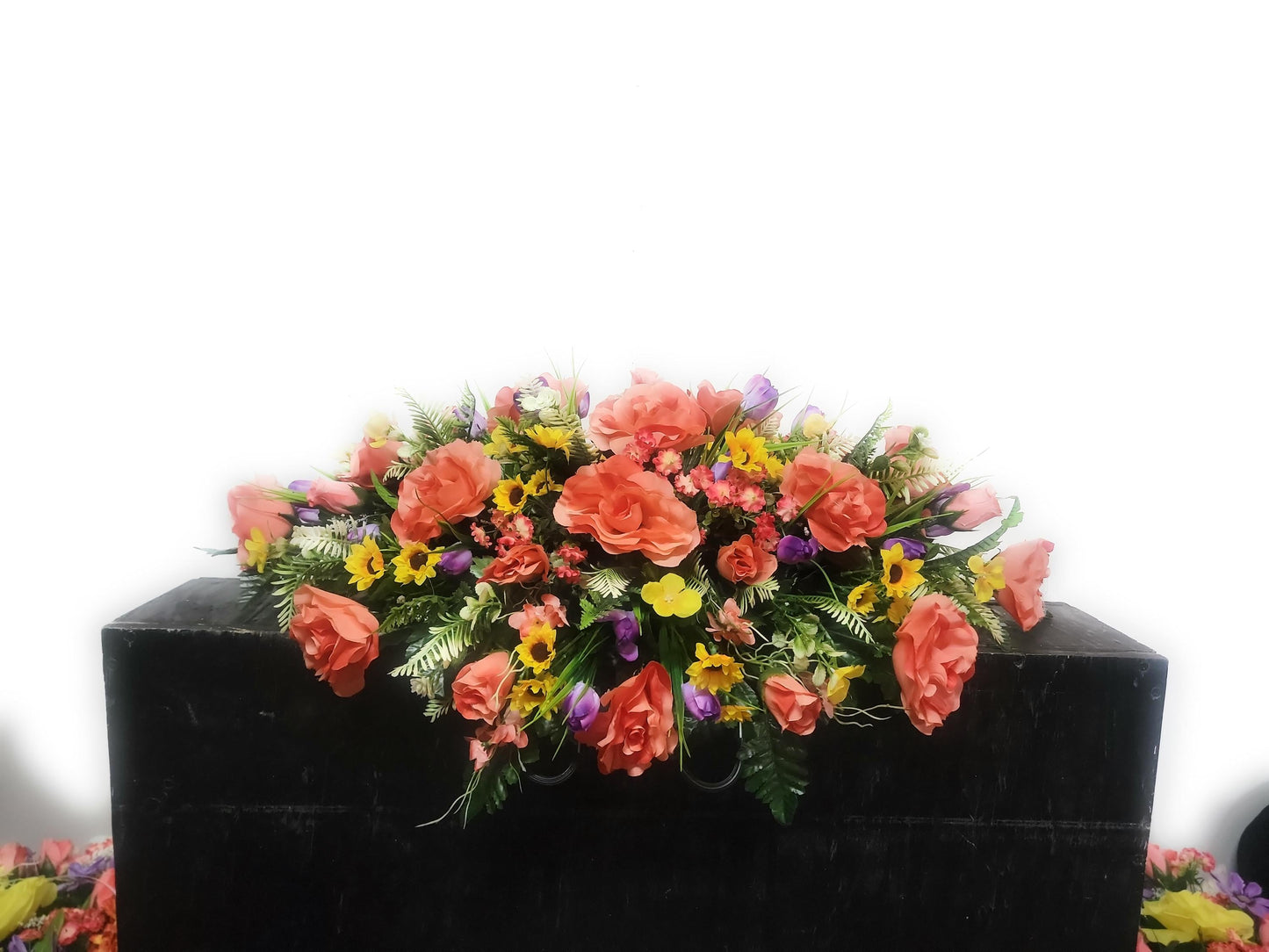 Spring Cemetery Saddle , Coral Roses, Mini sunflowers, Spring Flowers for Headstone,  Grave Saddle Easter Flowers