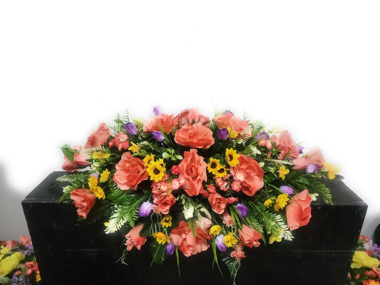 Spring Cemetery Saddle , Coral Roses, Mini sunflowers, Spring Flowers for Headstone,  Grave Saddle Easter Flowers