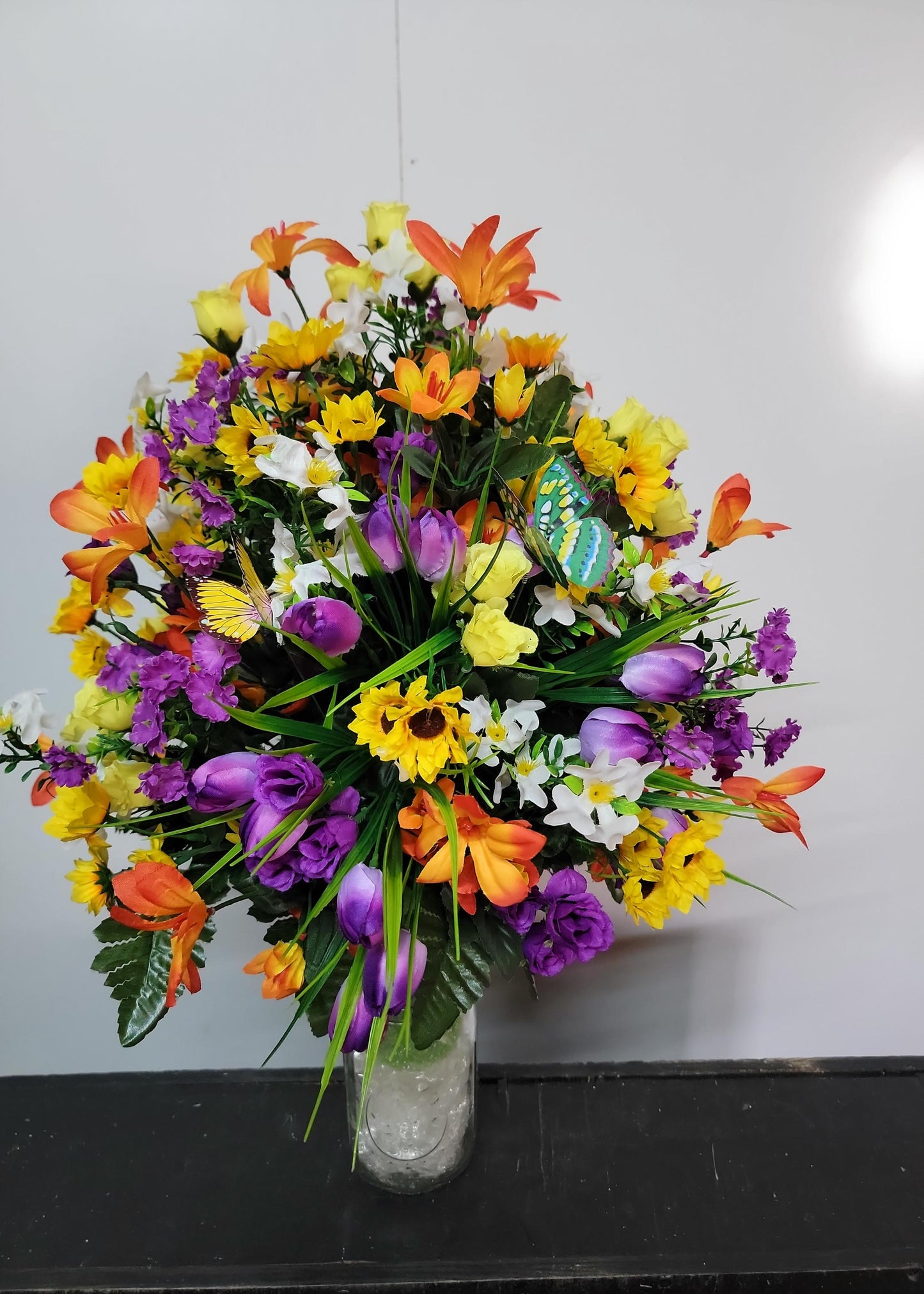 Wildflower Garden Butterfly Cemetery Flowers Vase Cone for 3-inch Vase  yellow purple Cemetery Vase Arrangement,  Cemetery Flowers Vase