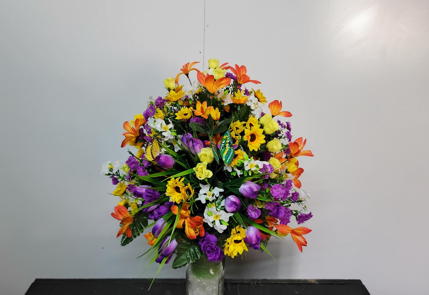 Wildflower Garden Butterfly Cemetery Flowers Vase Cone for 3-inch Vase  yellow purple Cemetery Vase Arrangement,  Cemetery Flowers Vase