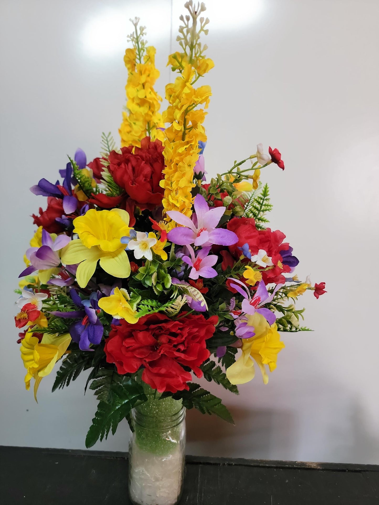 Large Spring Cemetery Vase Flowers Spring Memorial Flowers by Southern Edge Style , Daffodils with wildflowers