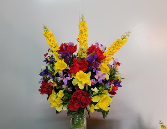 Large Spring Cemetery Vase Flowers Spring Memorial Flowers by Southern Edge Style , Daffodils with wildflowers