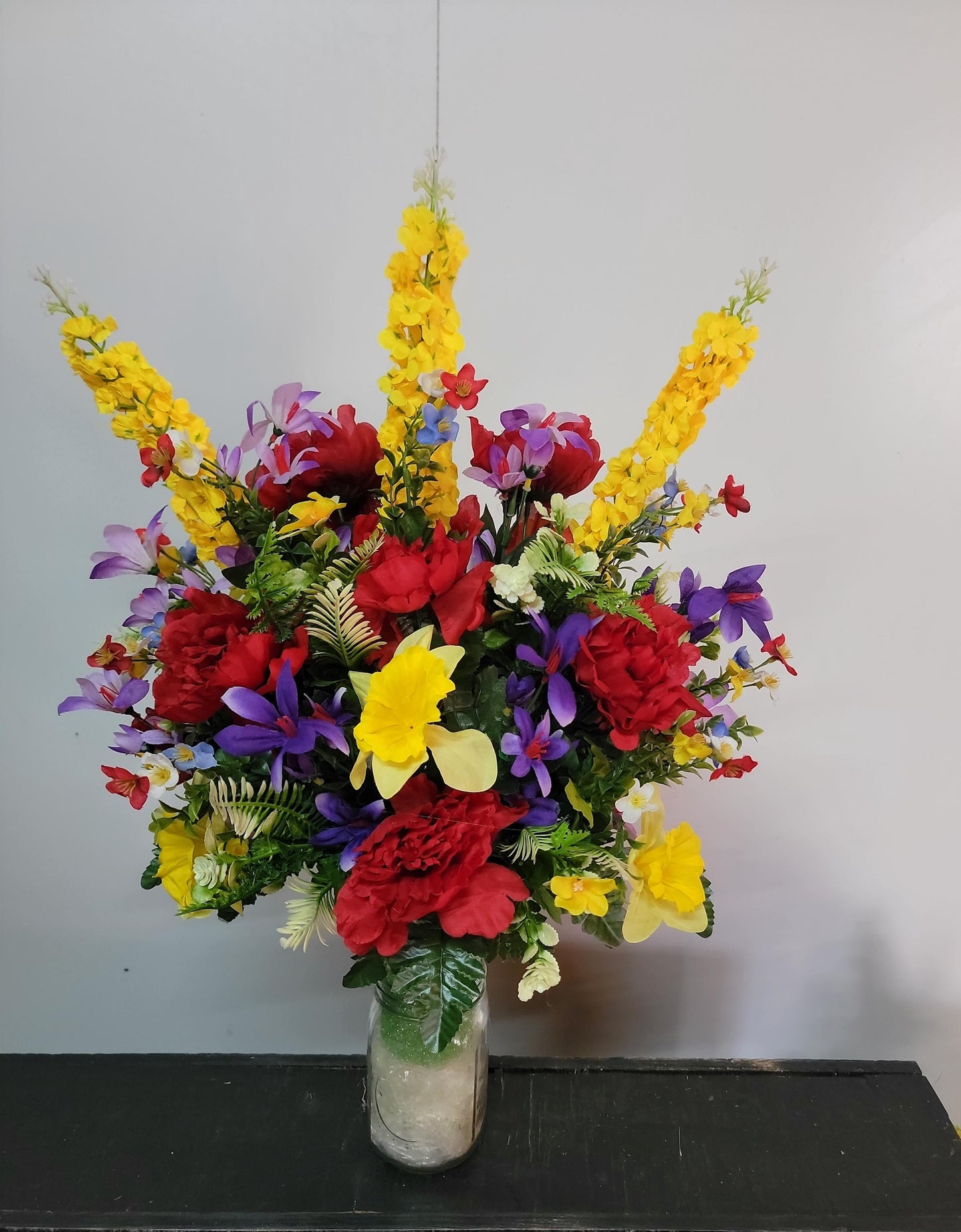 Large Spring Cemetery Vase Flowers Spring Memorial Flowers by Southern Edge Style , Daffodils with wildflowers