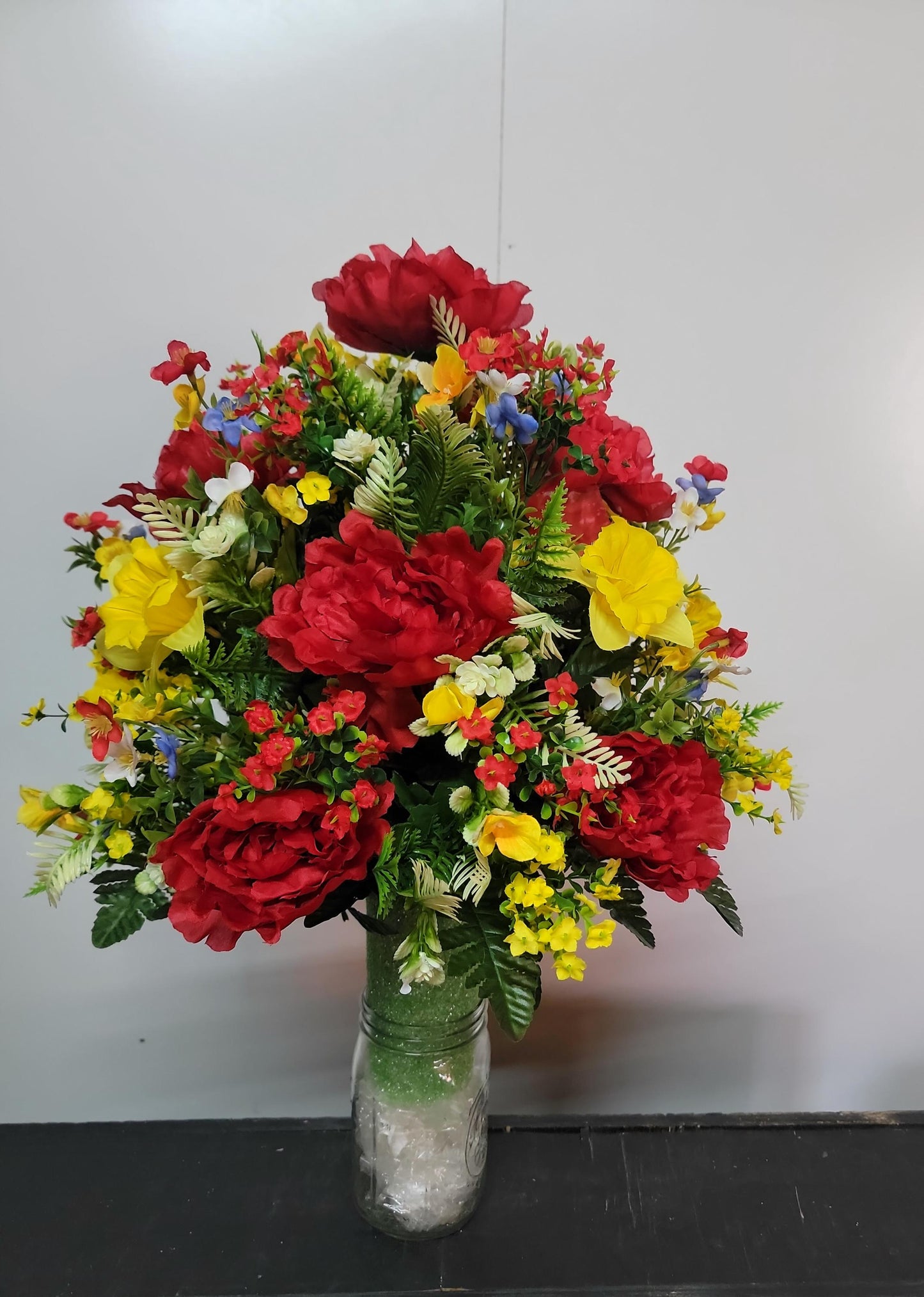 Forget-me-not  Spring Mix Cemetery Vase Flowers, Memorial Flowers by Southern Edge Style , Extra Full  Daffodils with wildflowers