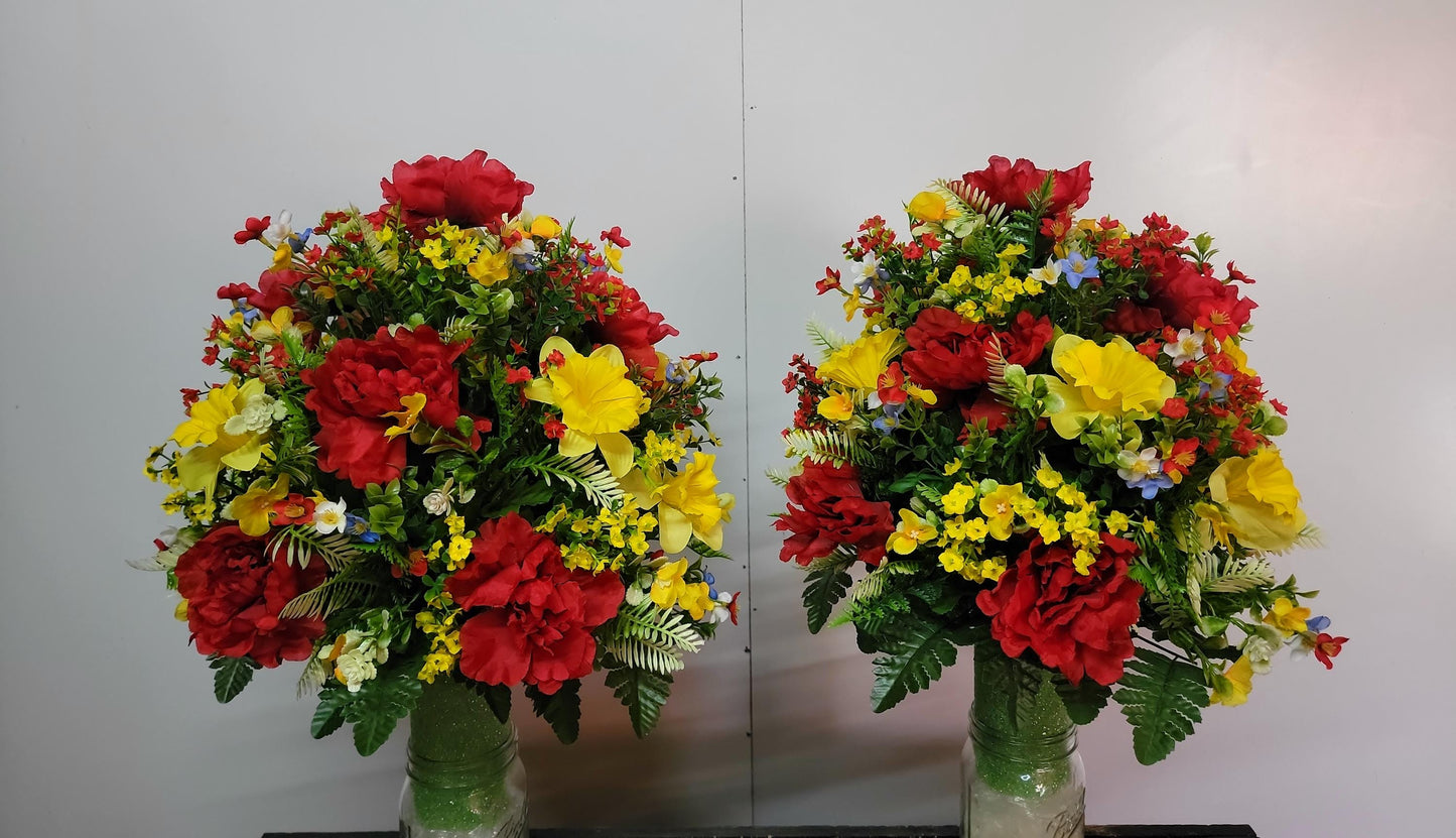 Forget-me-not  Spring Mix Cemetery Vase Flowers, Memorial Flowers by Southern Edge Style , Extra Full  Daffodils with wildflowers