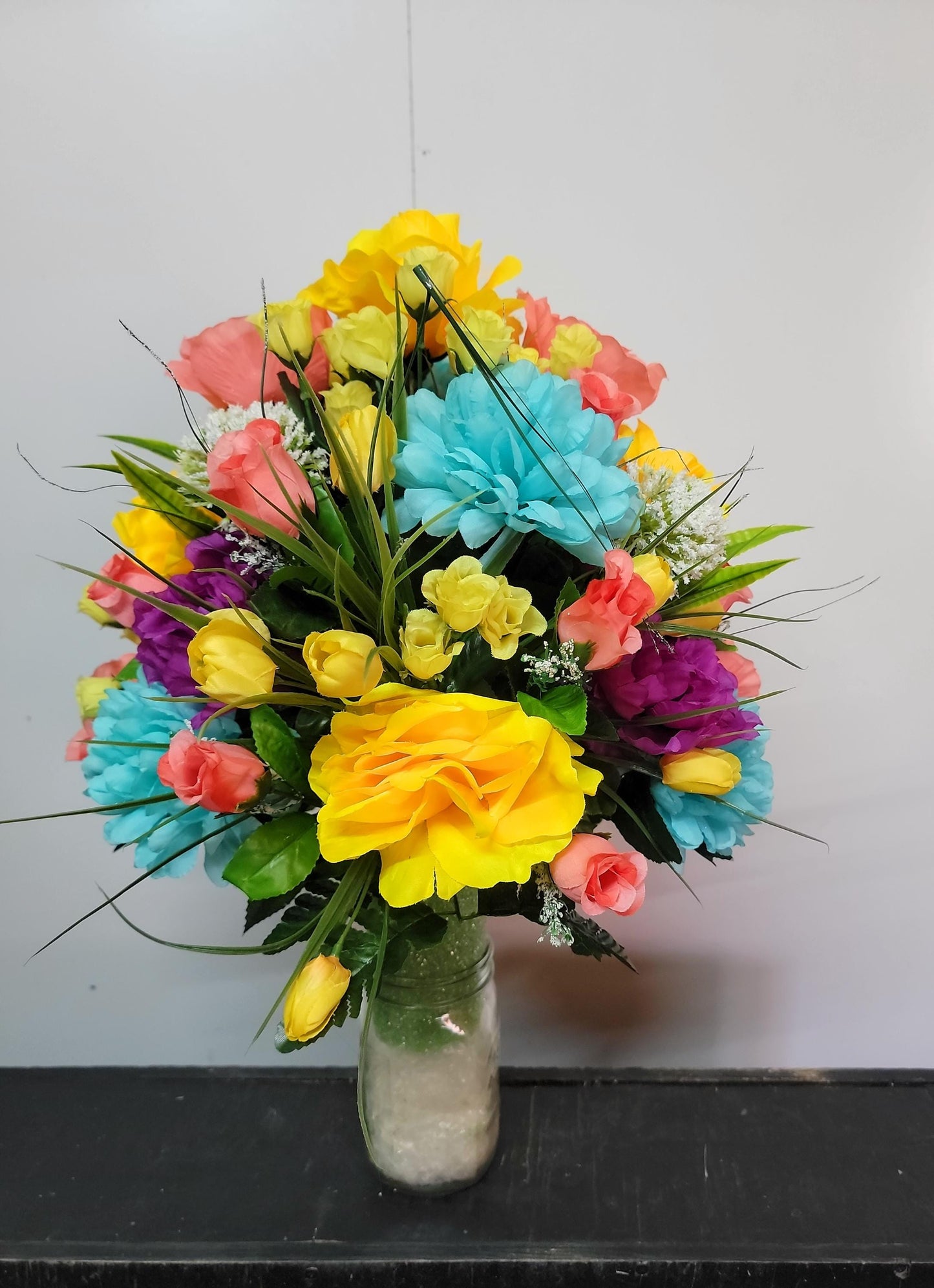Easter Cemetery Vase Flowers, Memorial Flowers by Southern Edge Style , Coral and yellow roses