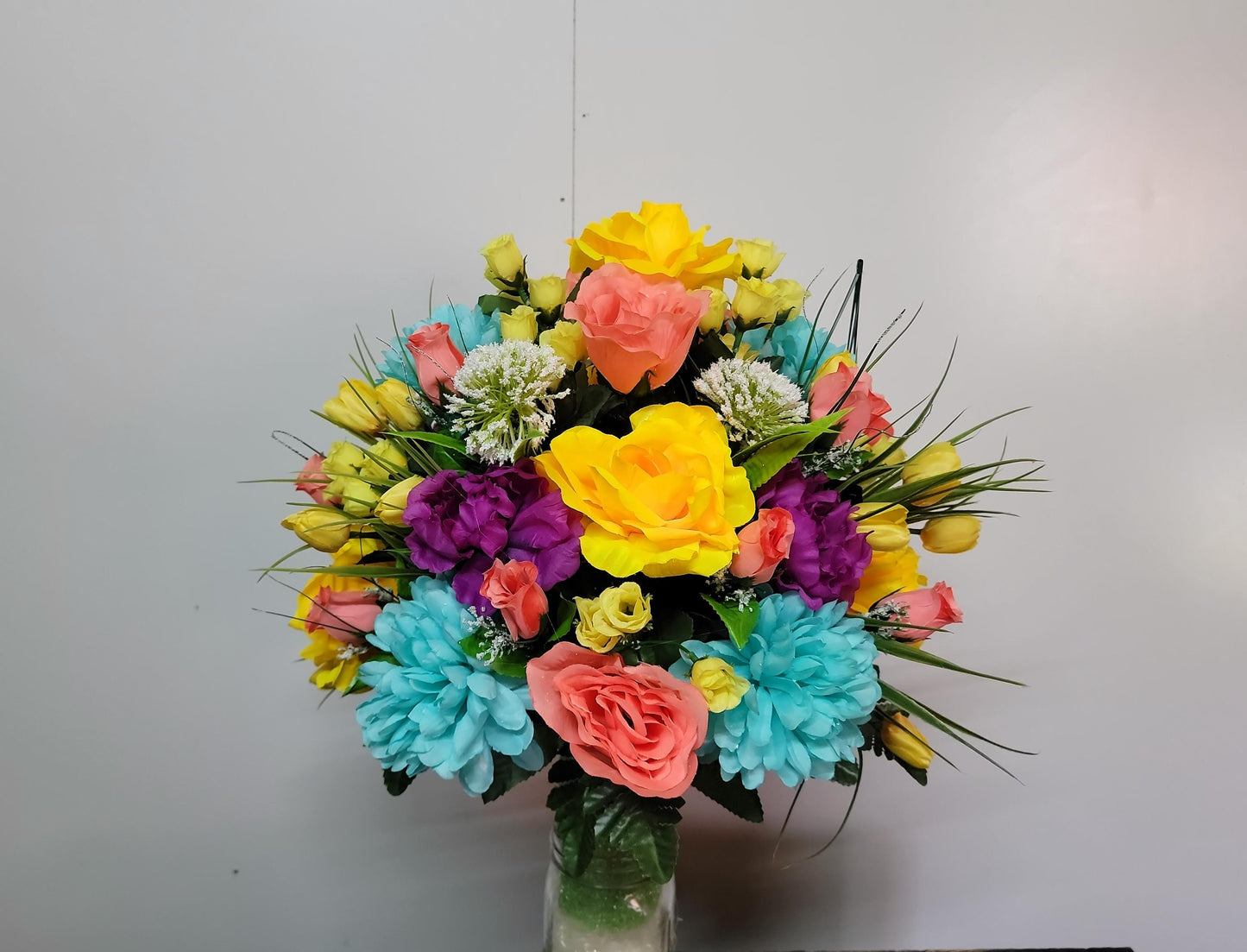 Easter Cemetery Vase Flowers, Memorial Flowers by Southern Edge Style , Coral and yellow roses
