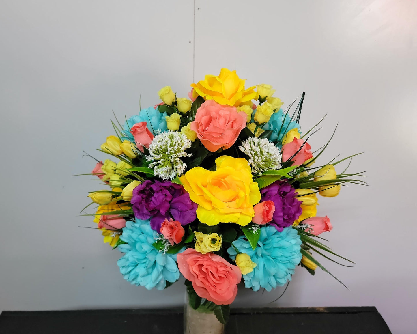 Easter Cemetery Vase Flowers, Memorial Flowers by Southern Edge Style , Coral and yellow roses