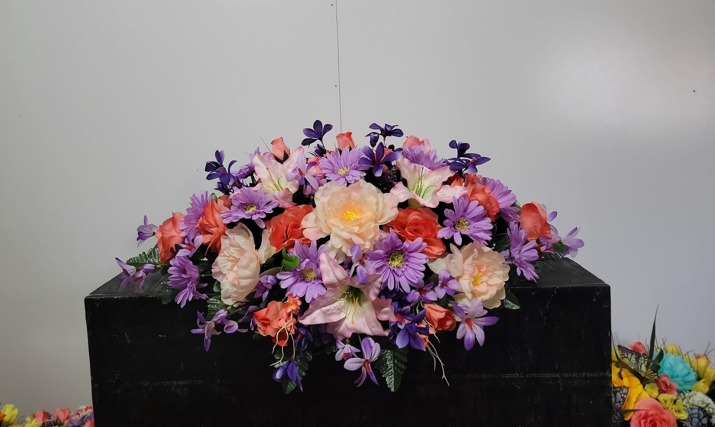 30" Pale Pink and Coral Cemetery Saddle, Spring Grave Saddle, Headstone Flowers, Memorial Flowers