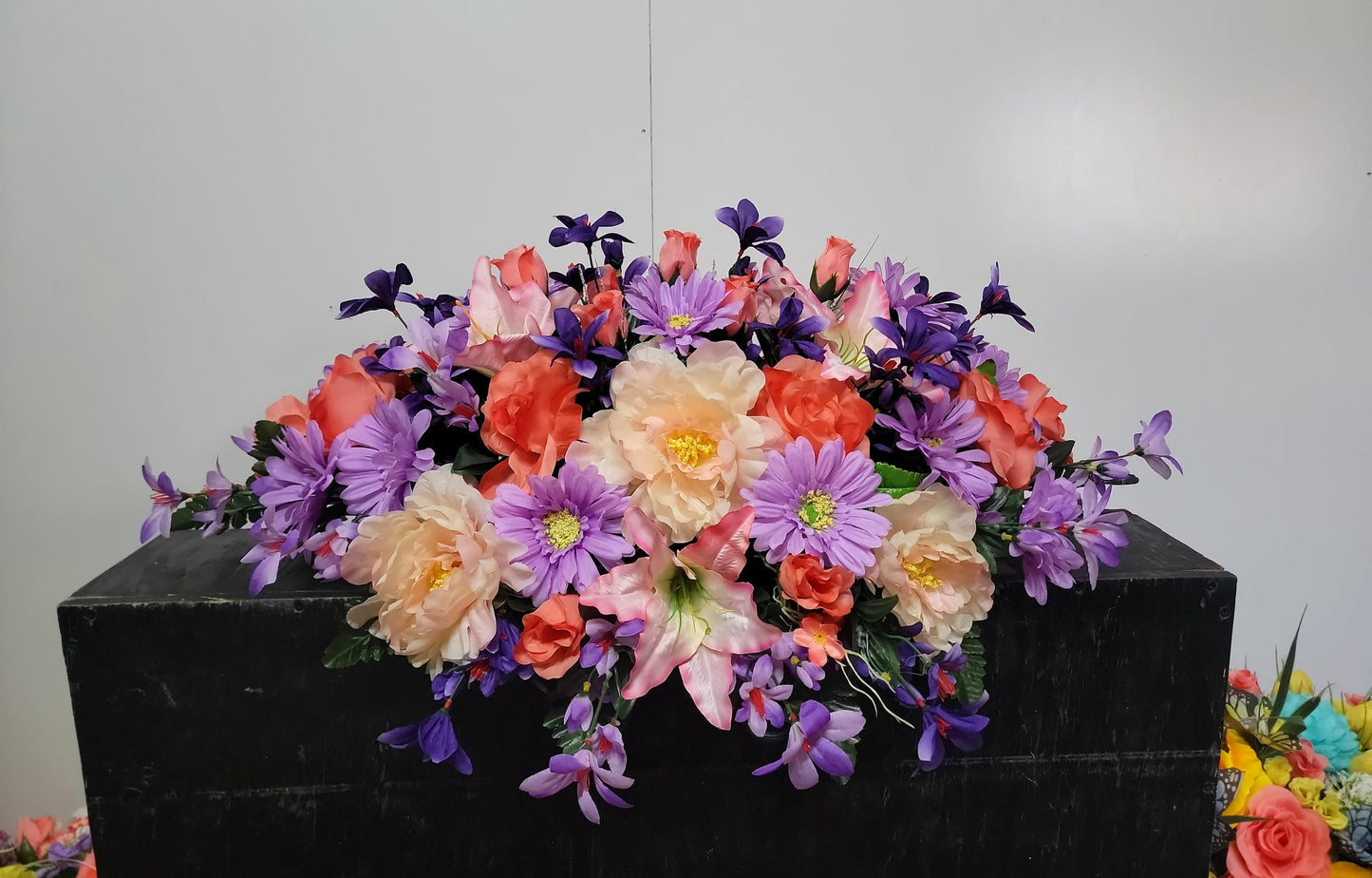 30" Pale Pink and Coral Cemetery Saddle, Spring Grave Saddle, Headstone Flowers, Memorial Flowers