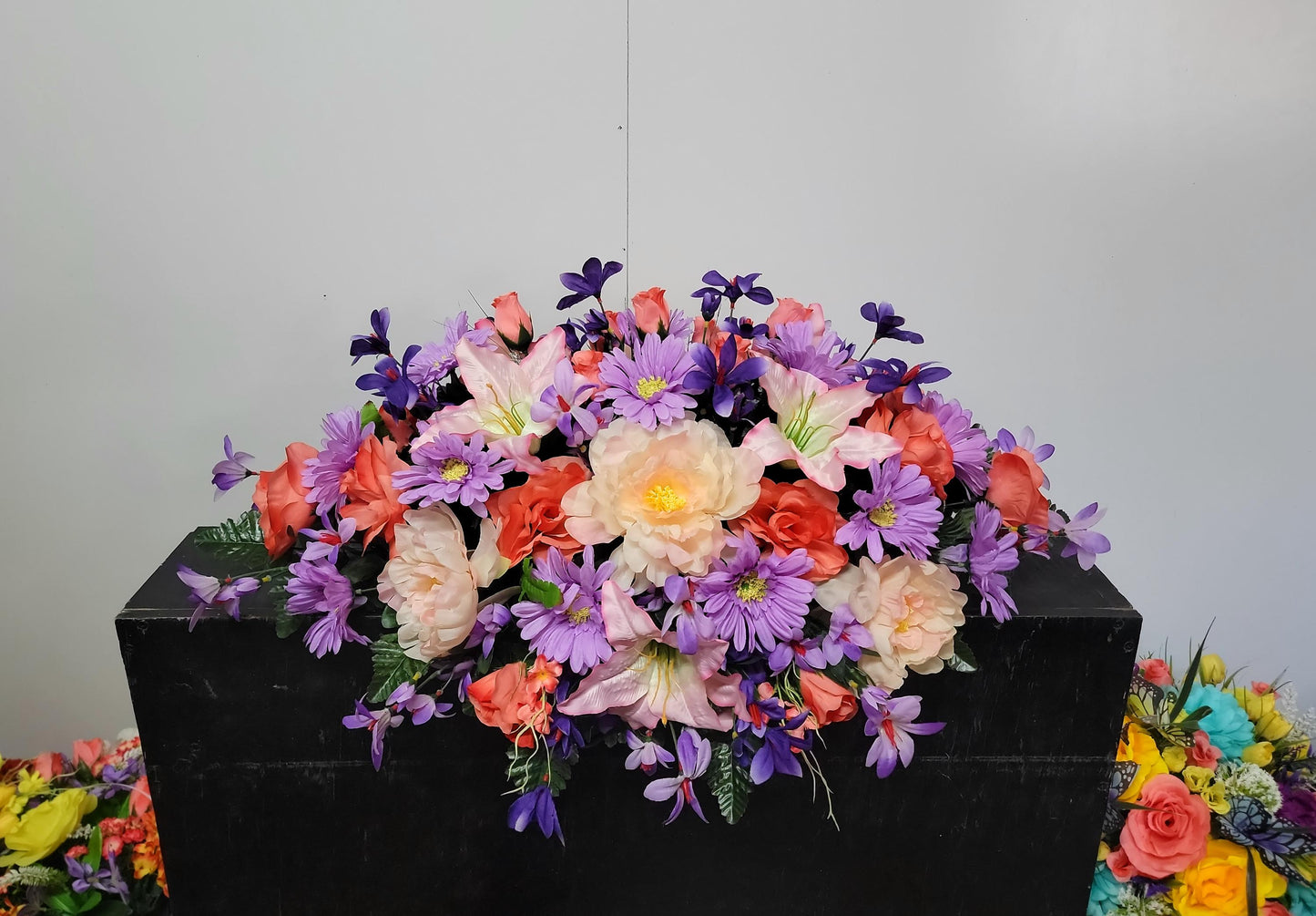 30" Pale Pink and Coral Cemetery Saddle, Spring Grave Saddle, Headstone Flowers, Memorial Flowers