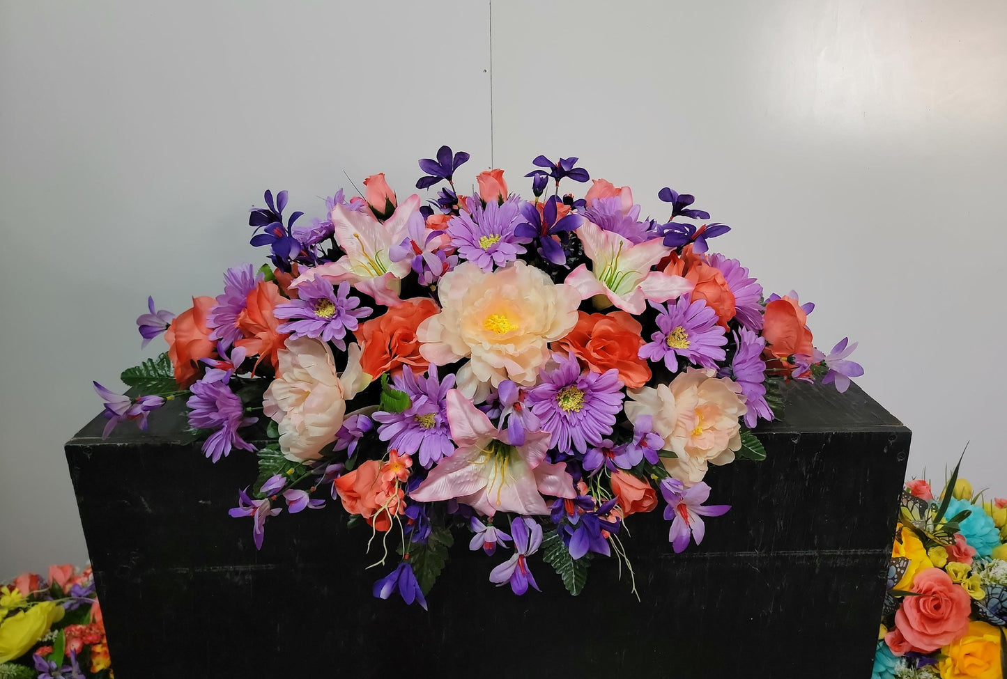 30" Pale Pink and Coral Cemetery Saddle, Spring Grave Saddle, Headstone Flowers, Memorial Flowers