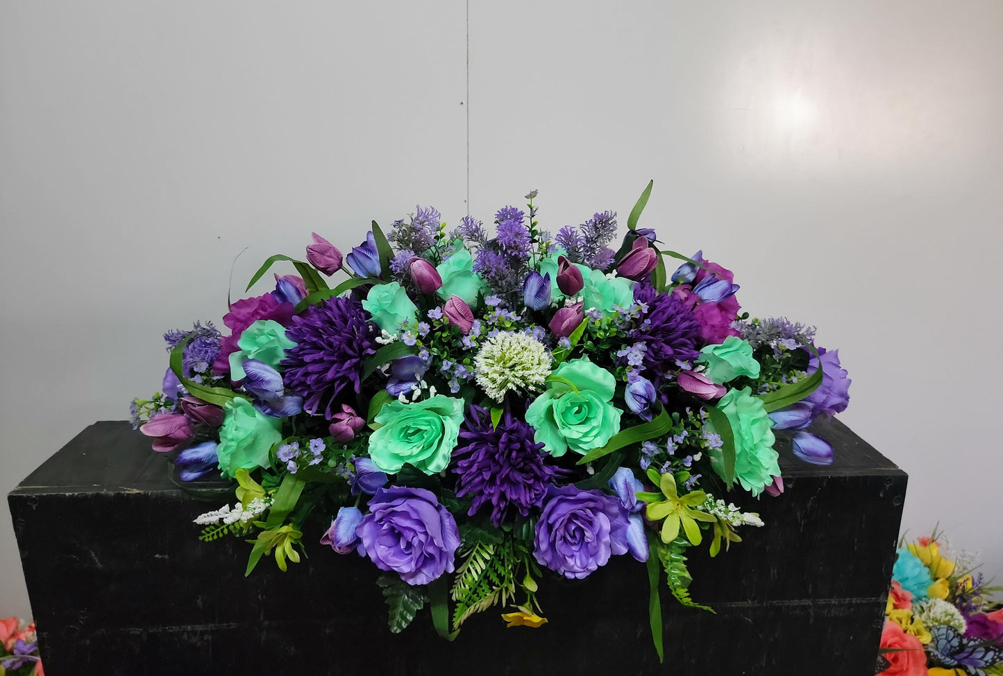 Cemetery Saddle 28"  Mint Green  and Purple Cemetery Flowers Saddle, Spring Grave Saddle, Headstone Flowers, Memorial Flowers